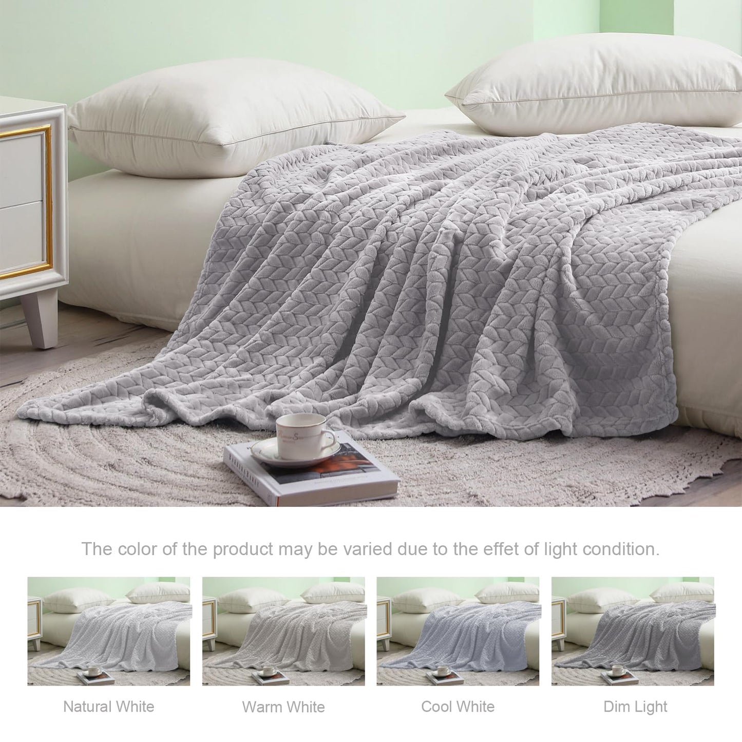 Exclusivo Mezcla Fleece Twin Size Blanket for Bed, 60x80 Inches Soft Cozy Jacquard Flannel Blankets, Lightweight Fuzzy Plush Warm for Women, Light Grey