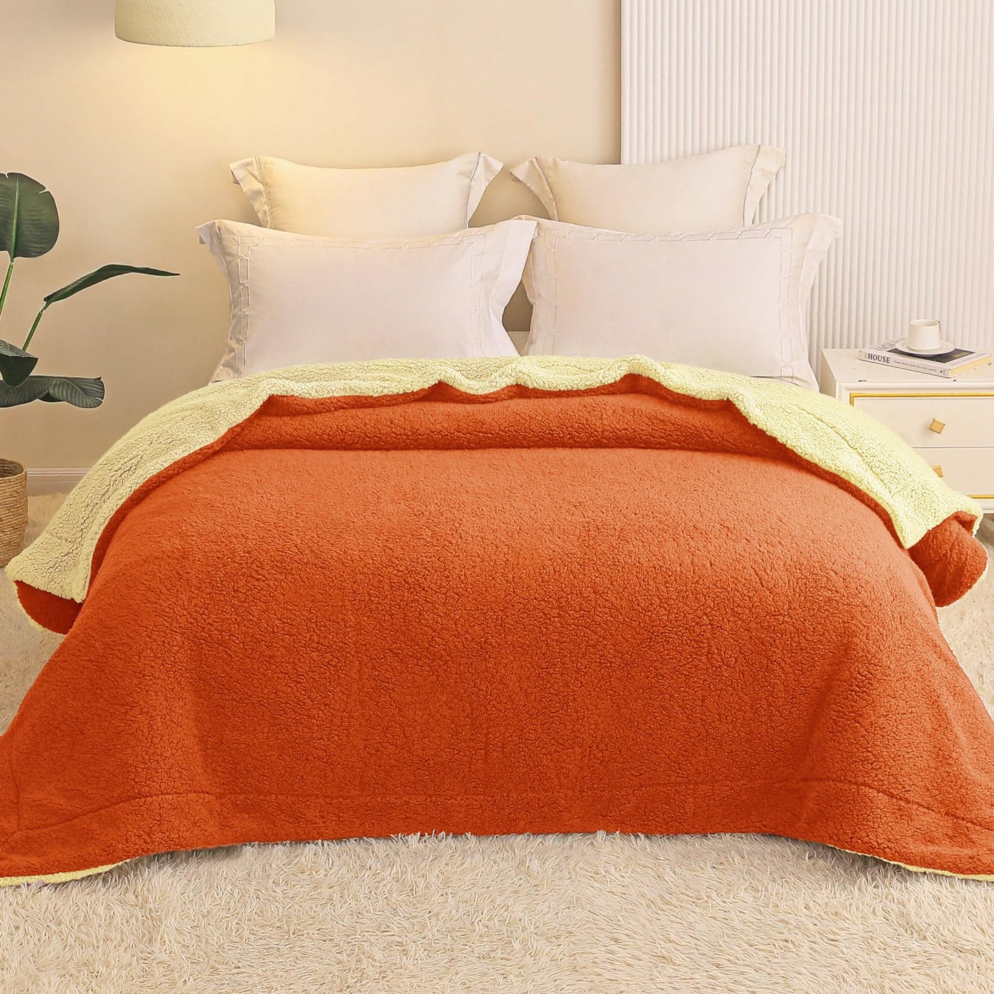 Exclusivo Mezcla Reversible Queen Size Sherpa Blanket, Thick and Warm Fleece Blankets for Winter, Soft Plush Fluffy for Bed, 90x90 Inches, Orange/ Yellow