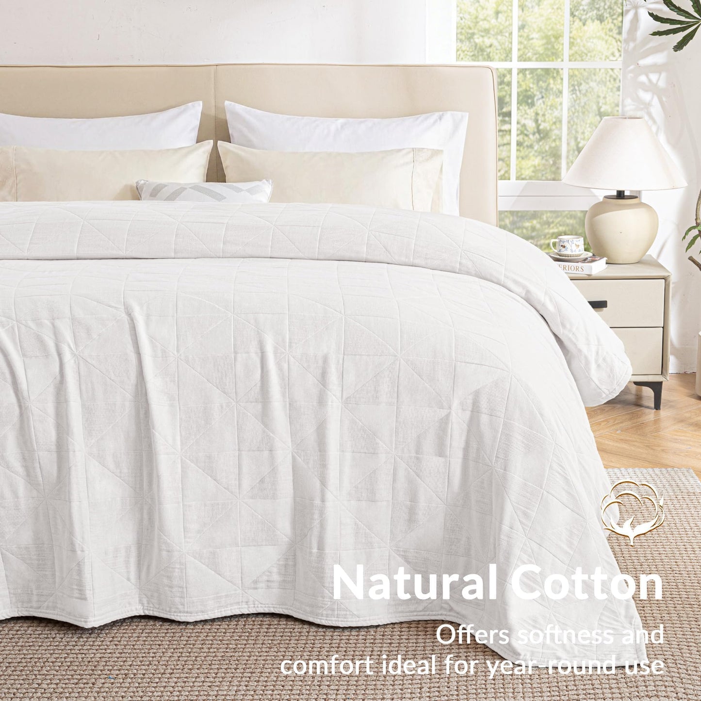 Exclusivo Mezcla 100% Cotton 4 Layers Muslin Twin Blanket for Dorm, Moisture-wicking and Breathable Gauze Blanket with Geometric Pattern for Year Round Comfort, 60"x80", Pure White