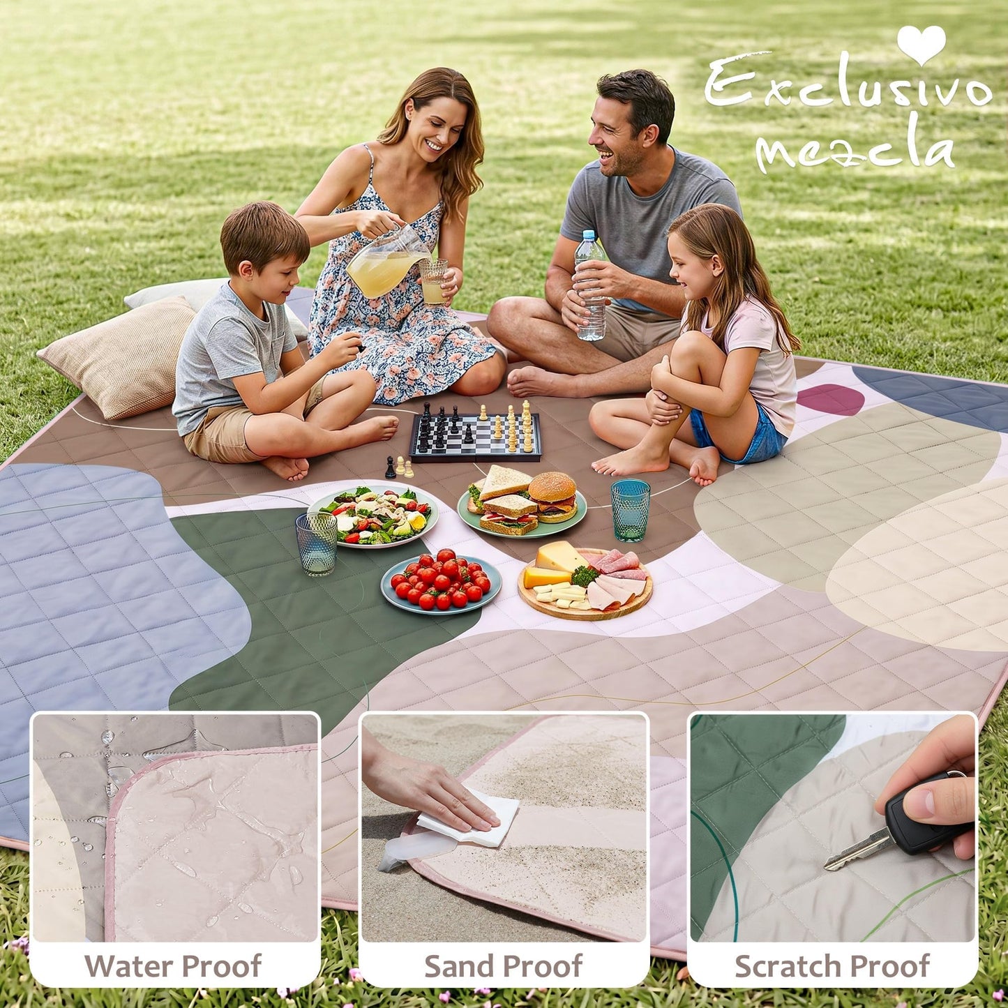 Exclusivo Mezcla Waterproof Picnic Blankets 3-Layer 80"x 80" Large Sandproof Beach Blanket Foldable Outdoor Blanket for Camping on Grass Picnic Mat, Abstract Brown