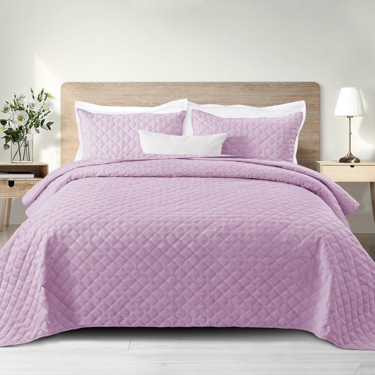 Exclusivo Mezcla Soft Quilt Set King Size, 3 Pieces Lightweight Quilts Lilac Bedspreads Coverlets Bedding Set for All Seasons, Grid Pattern