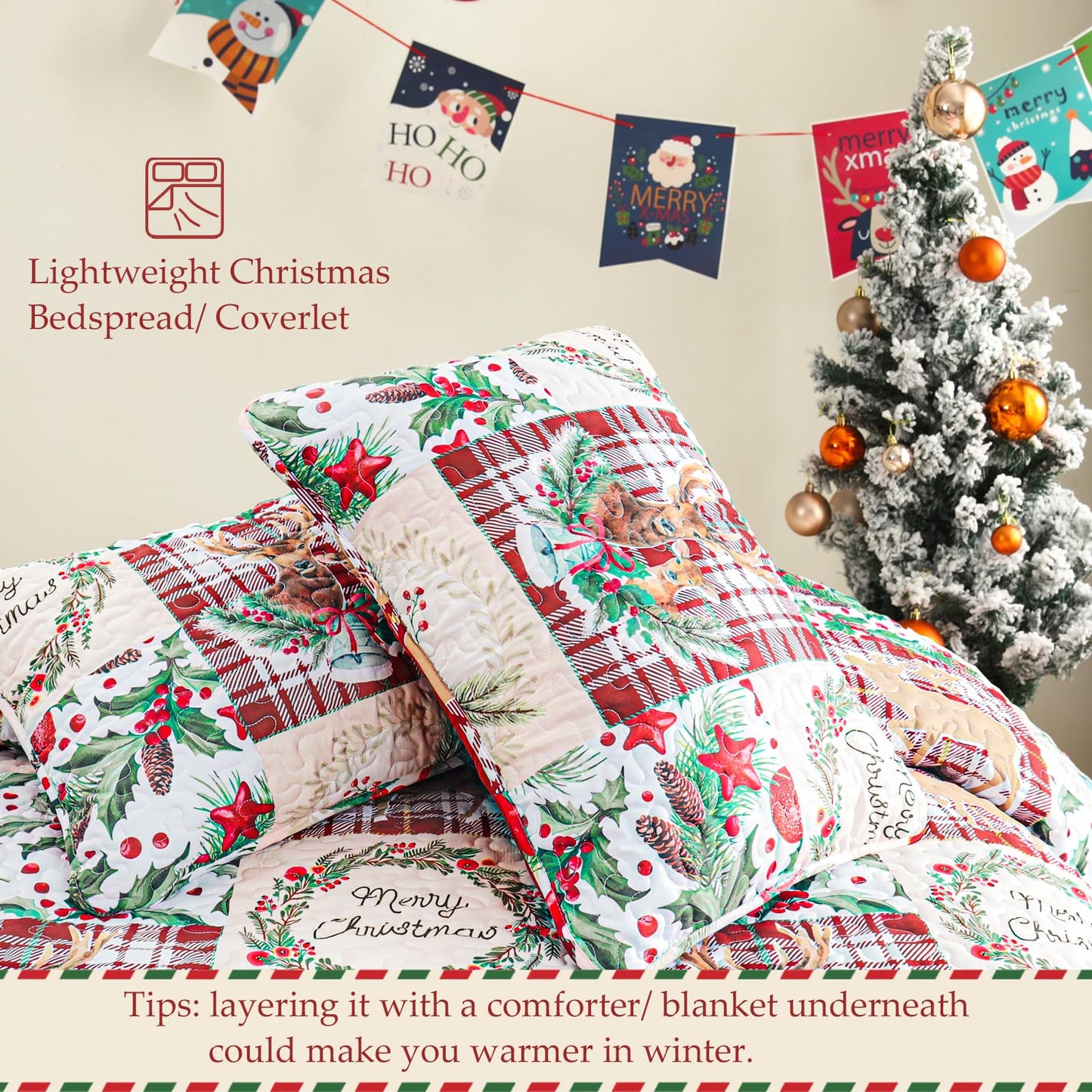 Exclusivo Mezcla Christmas Quilt Queen Size, Rust Red Patchwork Bedspreads Reversible Coverlets Bedding Set with Printed Reindeer Wreaths Pattern (1 Quilt, 2 Pillow Shams)
