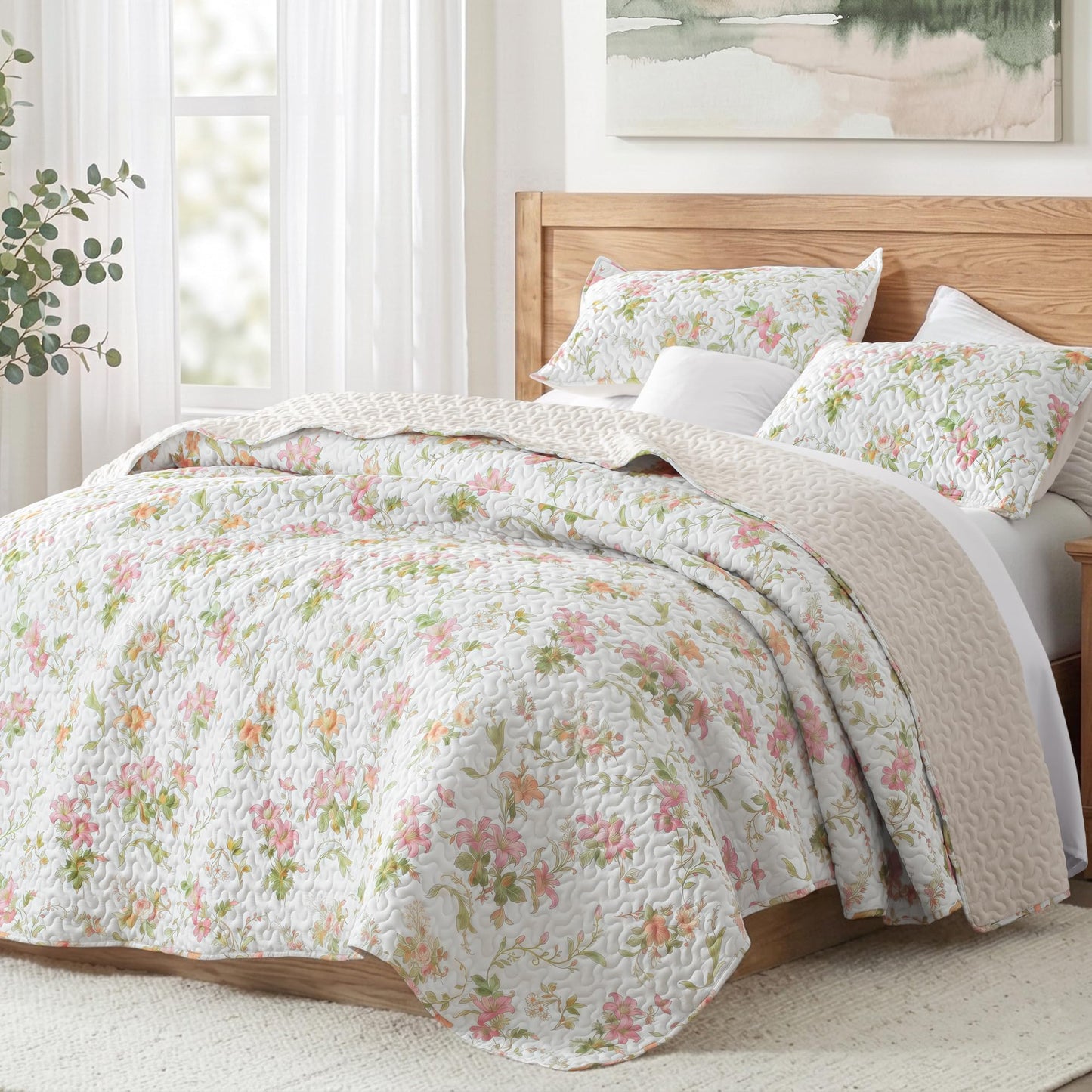 Exclusivo Mezcla Floral Twin Size Quilt Set, Faint Yellow Twin Quilt Bedding Set with Pink Lily Flowers Pattern, Reversible Lightweight Spring Bedspreads Coverlets Bed Cover for All Seasons (68"x88")