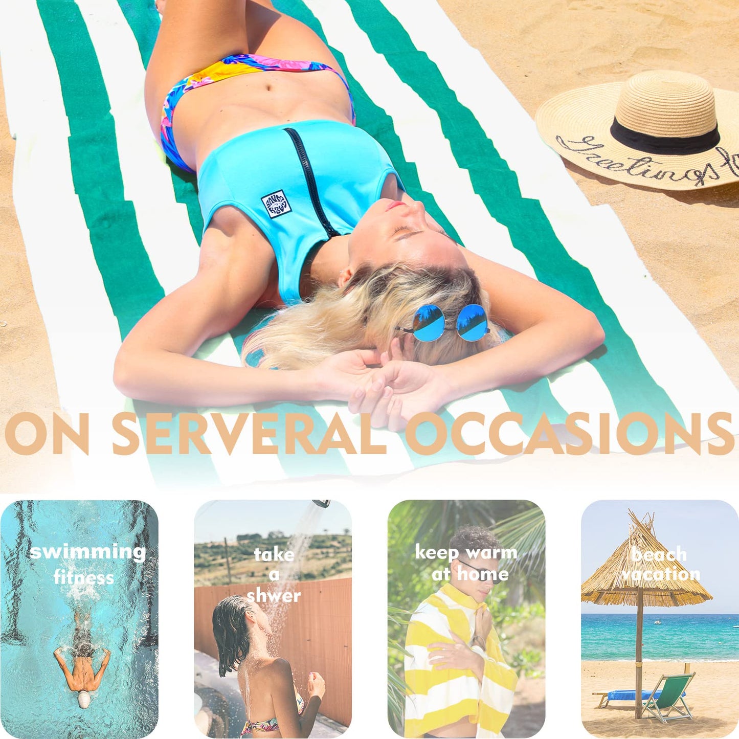 Exclusivo Mezcla Cotton Large 30x60 Inches Cabana Stripe Beach Towel, Super Absorbent Soft Plush Pool Bath Towel (Turquoise)