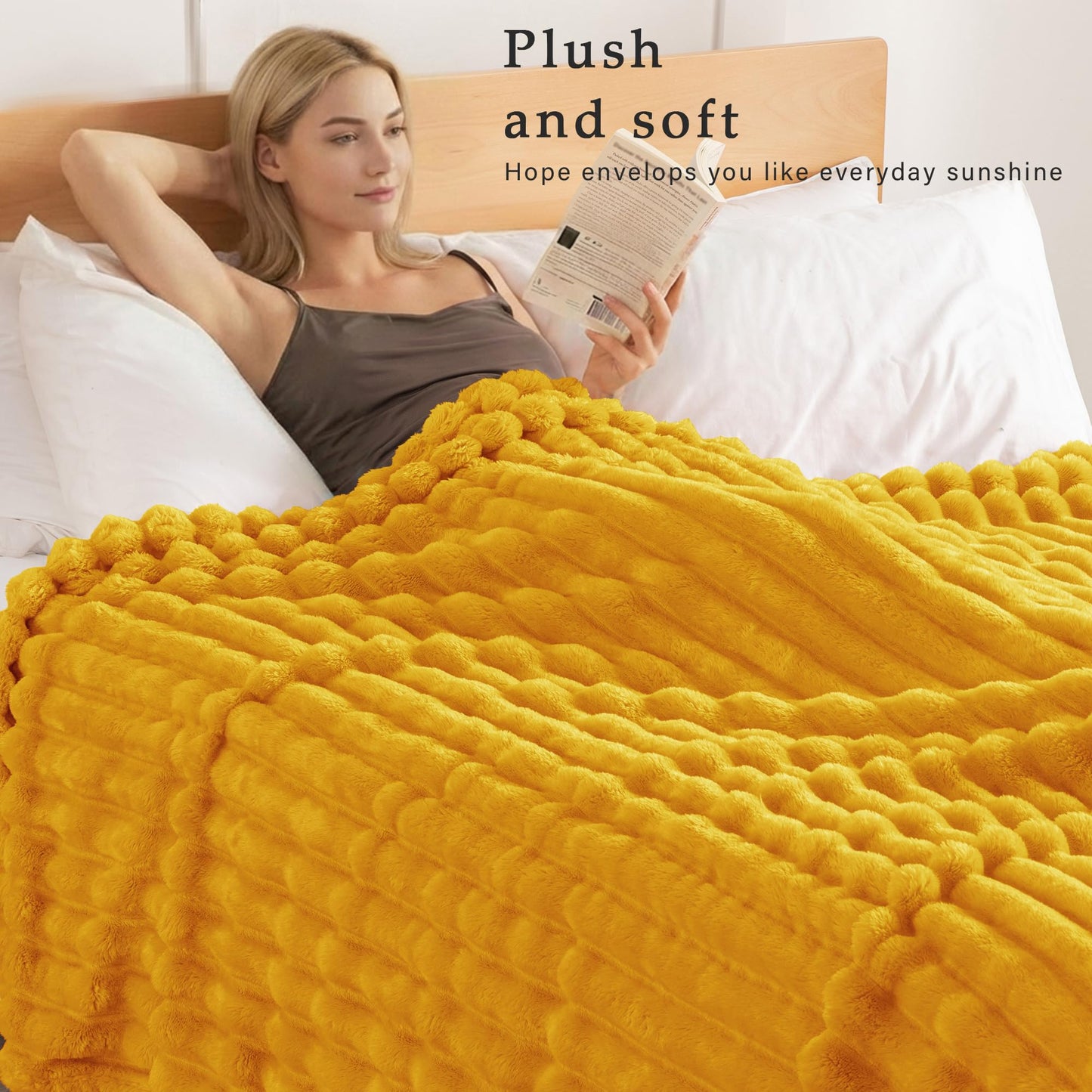Exclusivo Mezcla Twin Size Flannel Fleece Blanket, Super Soft 3D Striped Jacquard Blanket for Bed, Lightweight Fuzzy Cozy Blankets, Mustard Yellow, 60"x80"
