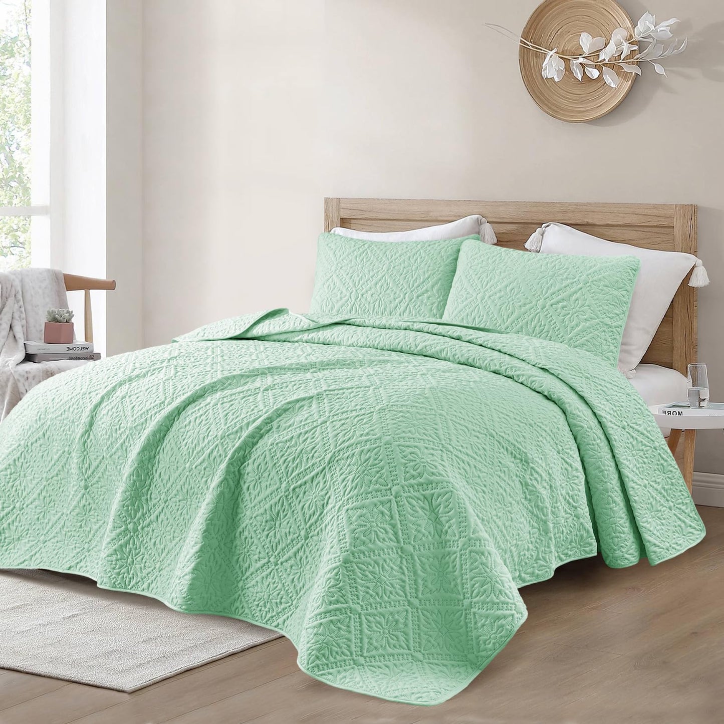 Exclusivo Mezcla Twin Quilt Bedding Set, Lightweight Soft Bedspreads Coverlets with 1 Pillow Sham, Modern Sage Green Quilts Twin XL Size for All Seasons