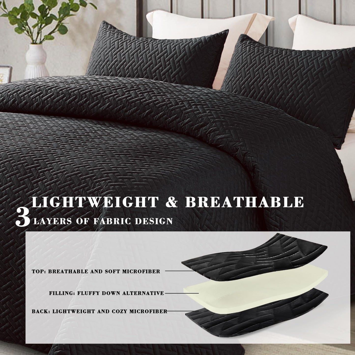 Exclusivo Mezcla 3-Piece Queen Size Quilt Set with Pillow Shams, Basket Quilted Bedspread/Coverlet/Bed Cover(96x90 inches, Black)-Soft, Lightweight and Reversible