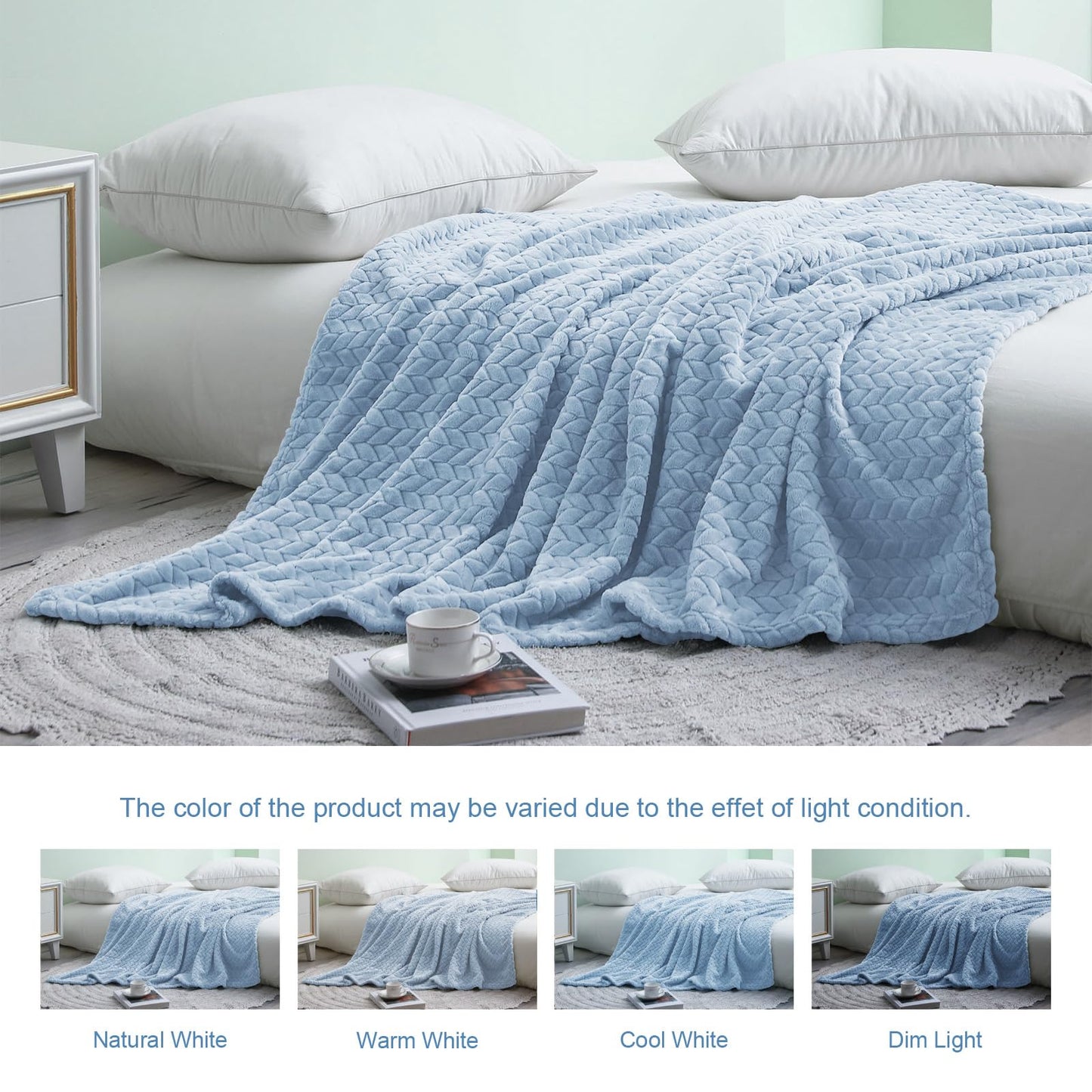 Exclusivo Mezcla Fleece Twin Size Blanket for Bed, 60x80 Inches Soft Cozy Jacquard Flannel Blankets, Lightweight Fuzzy Plush Warm for Women, Light Blue