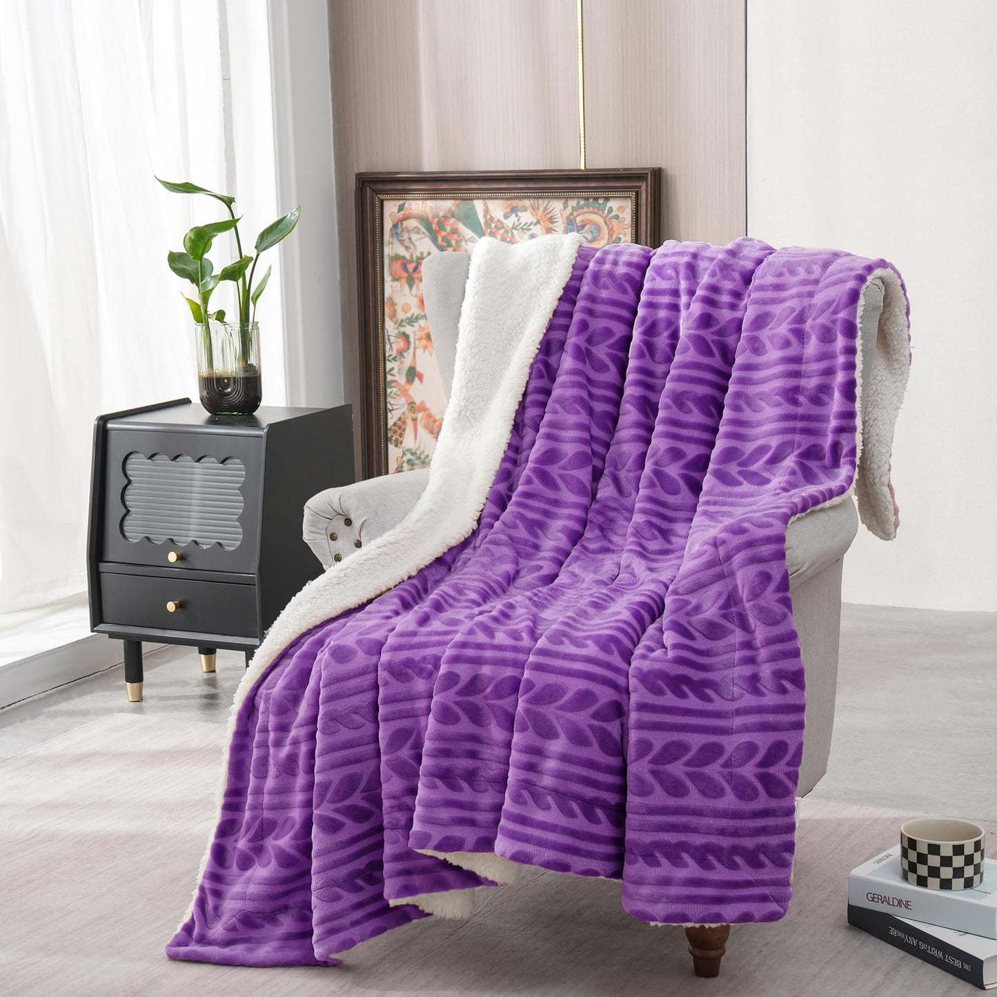 Exclusivo Mezcla Sherpa Fleece Throw Blanket, Reversible Velvet Plush Blankets and Soft Throws for Couch, Sofa, 50x70 Inches, Purple