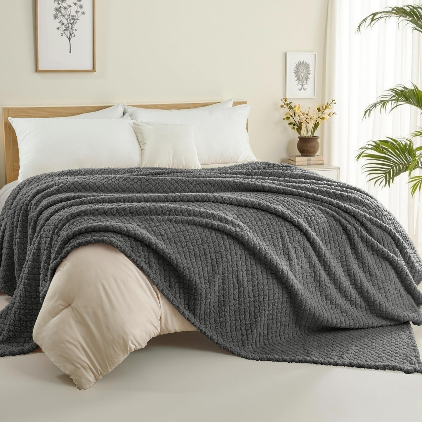 Exclusivo Mezcla Twin Size Flannel Fleece Blanket, Super Soft Jacquard Bed Blanket, Lightweight Fuzzy Warm for All Seasons, 60x80 Inches, Dark Grey