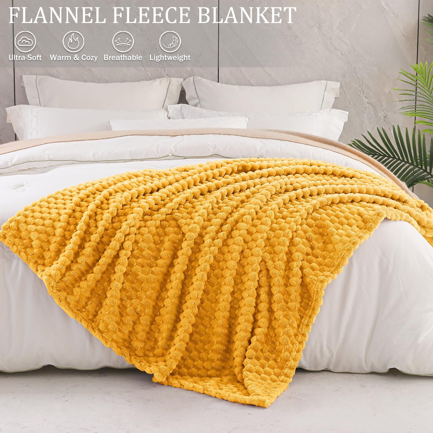 Exclusivo Mezcla Fleece King Blanket for Bed, Extra Large Fuzzy Mustard Yellow Bed Blankets, Soft Cozy Plush Sofa Throws for All Seasons, 90x104 Inches