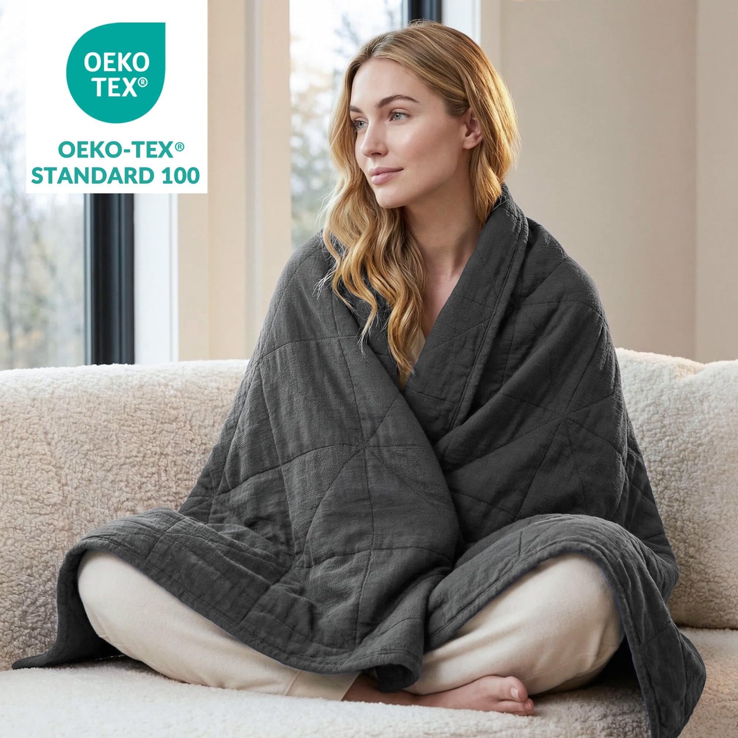 Exclusivo Mezcla 100% Cotton 4 Layers Muslin Throw Blanket for Couch, Moisture-wicking and Breathable Gauze Blanket with Geometric Pattern for Year Round Comfort, 50"x60", Dark Grey
