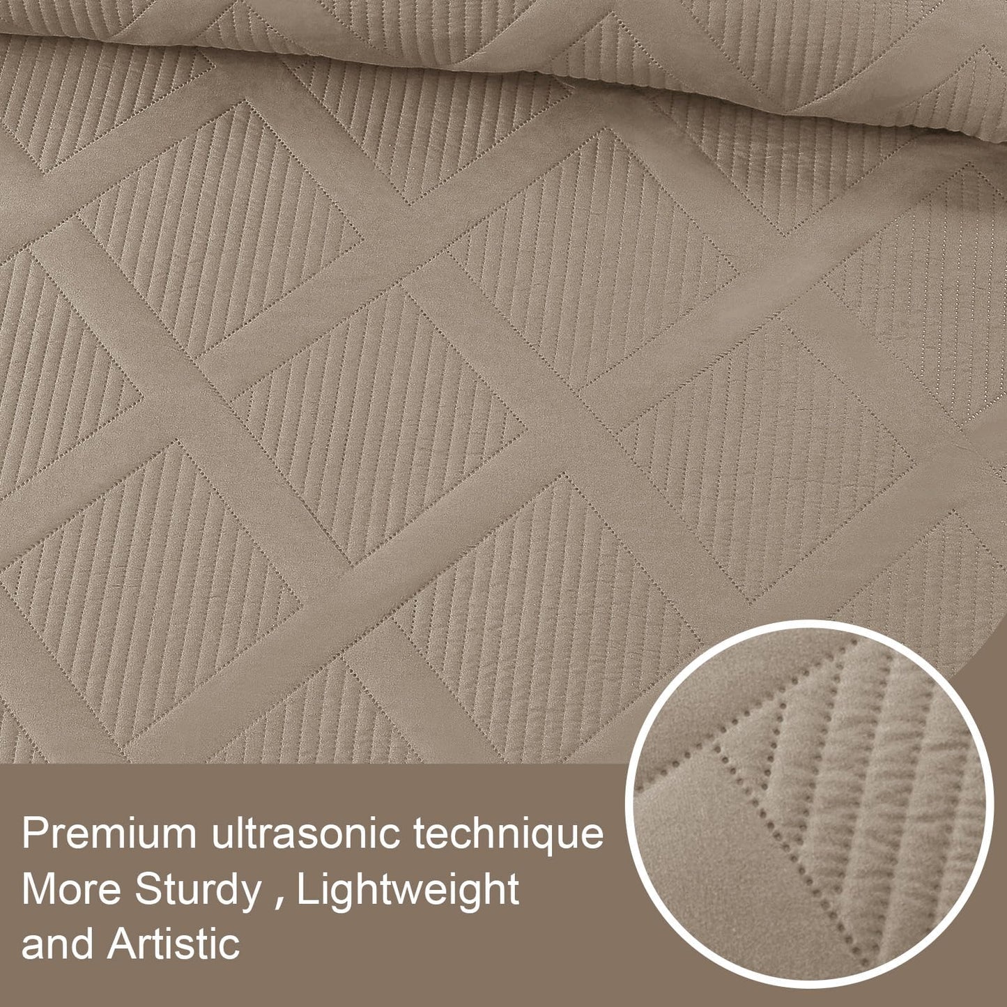 Exclusivo Mezcla Ultrasonic King Quilt Set, 3-Piece Lightweight Bedspreads Modern Striped Coverlet, Taupe