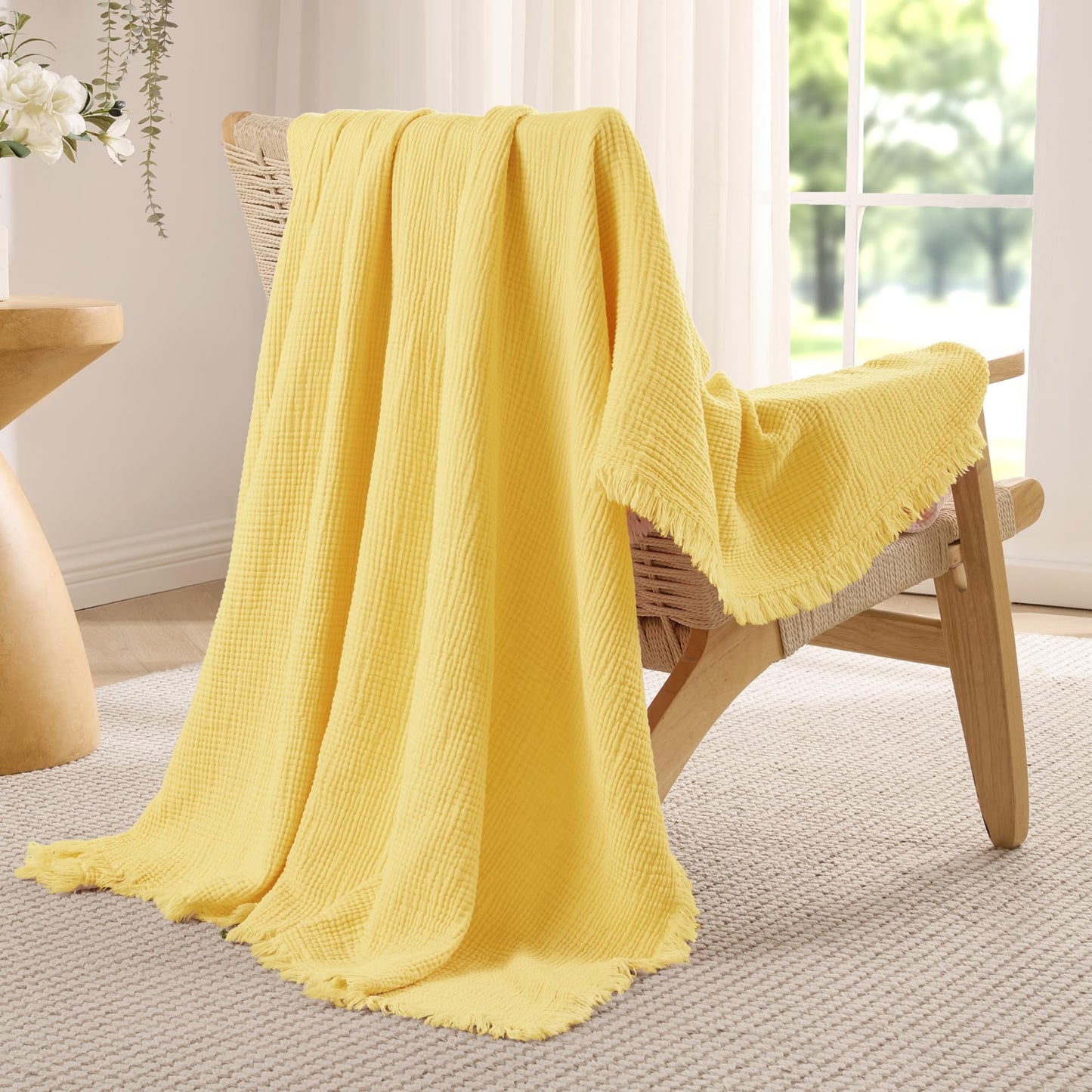 Exclusivo Mezcla 100% Cotton Muslin Twin Size Blanket, 6 Layers Breathable and Lightweight Gauze Blankets for Bed, Soft Bedspread, 60"x80", Yellow