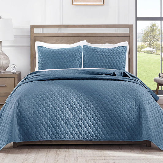 Exclusivo Mezcla Reversible Full Queen Quilt Bedding Set with Pillow Shams, Lightweight Quilts Queen Size, Soft Bedspreads Bed Coverlets for All Seasons - (Grayish Blue, 90"x96")
