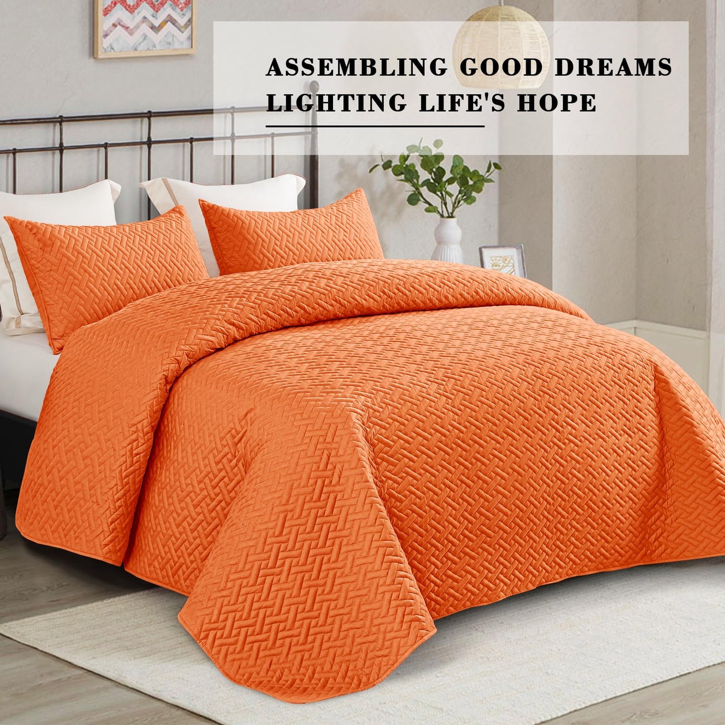 Exclusivo Mezcla 3-Piece King Size Quilt Set with Pillow Shams, Basket Quilted Bedspread/Coverlet/Bed Cover(96x104 Inches, Orange) -Soft, Lightweight and Reversible