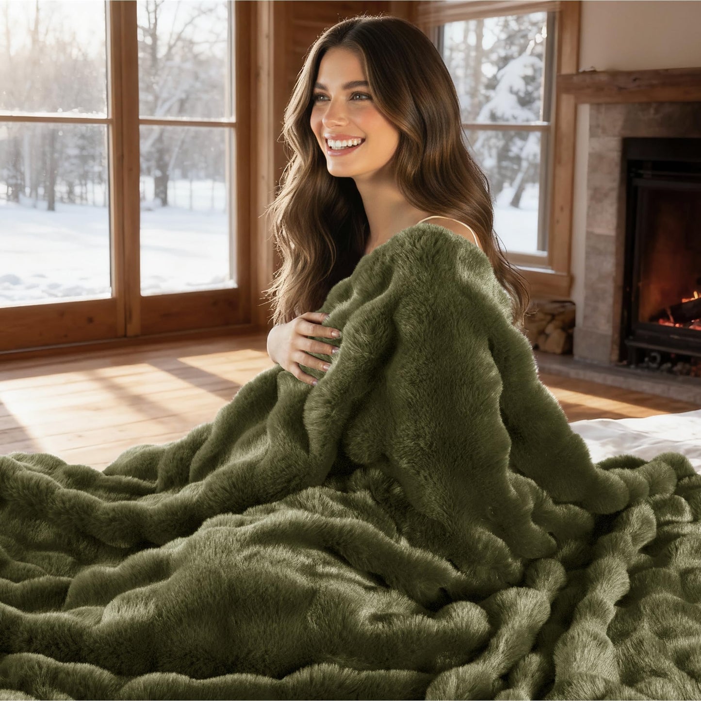 Exclusivo Mezcla Fuzzy Faux Fur Throw Blanket, Sherpa Fleece Blankets,Fluffy Plush Warm Throws for Couch, Bed, 50x60 Inches, Olive Green