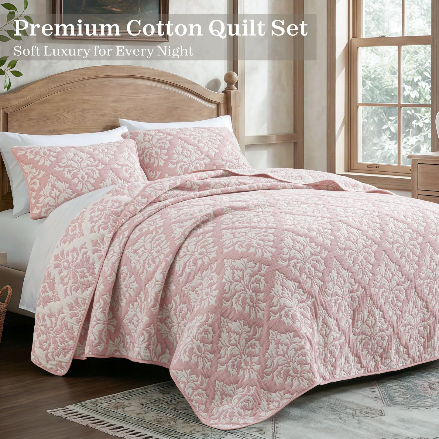 Exclusivo Mezcla Cotton Muslin Quilts King Size Pink, Soft Breathable Bedspread Lightweight Prewashed Bed Coverlet With 2 Pillow Shams, Boho Pattern Yarn Dyed Quilt Bedding Set for All Seasons
