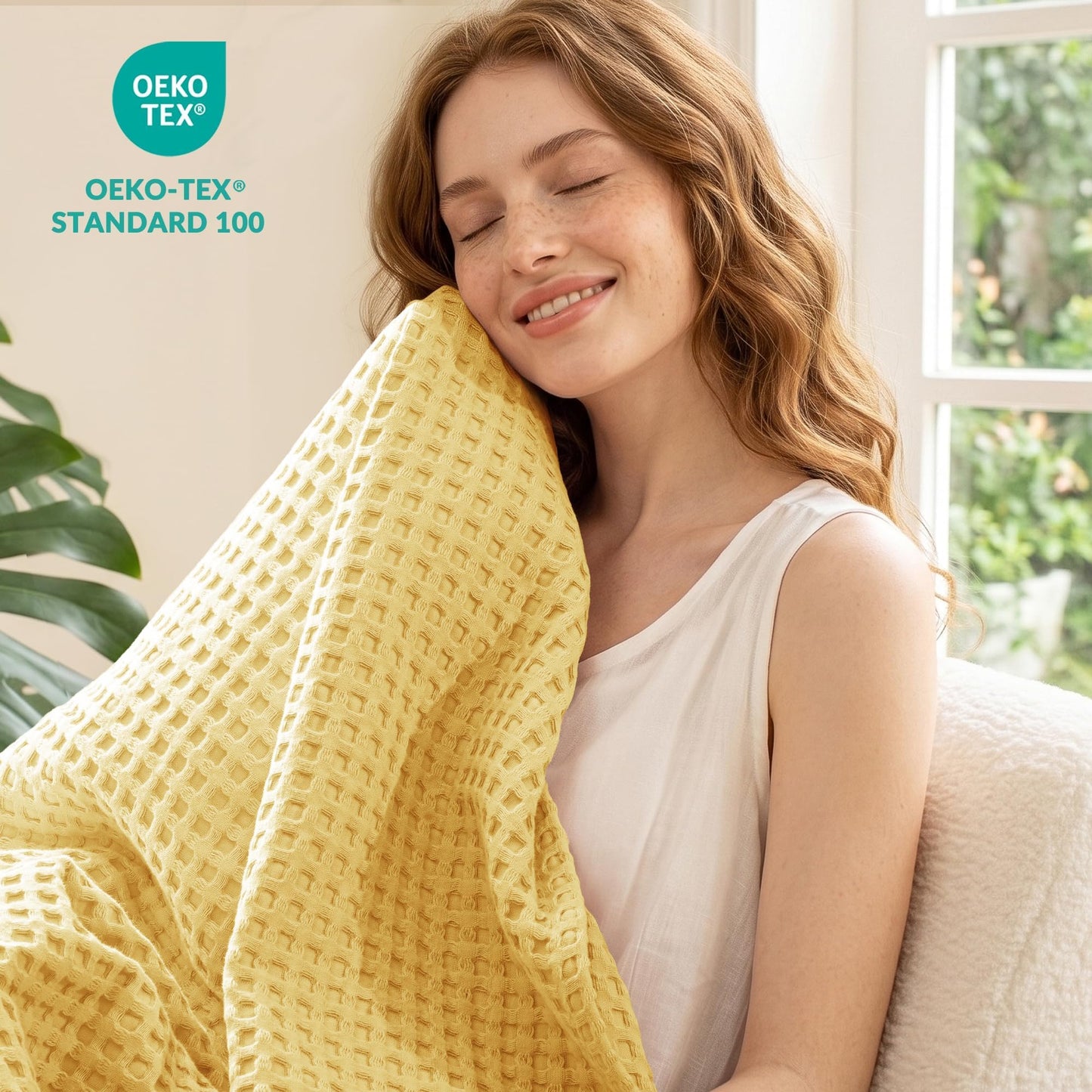 Exclusivo Mezcla 100% Cotton Throw Blanket, Lightweight Gauze Blankets for Sofa(50"x60", Yellow)