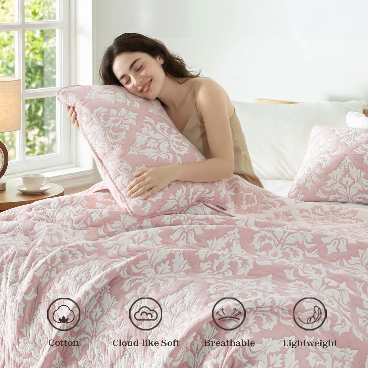 Exclusivo Mezcla Cotton Muslin Quilts King Size Pink, Soft Breathable Bedspread Lightweight Prewashed Bed Coverlet With 2 Pillow Shams, Boho Pattern Yarn Dyed Quilt Bedding Set for All Seasons