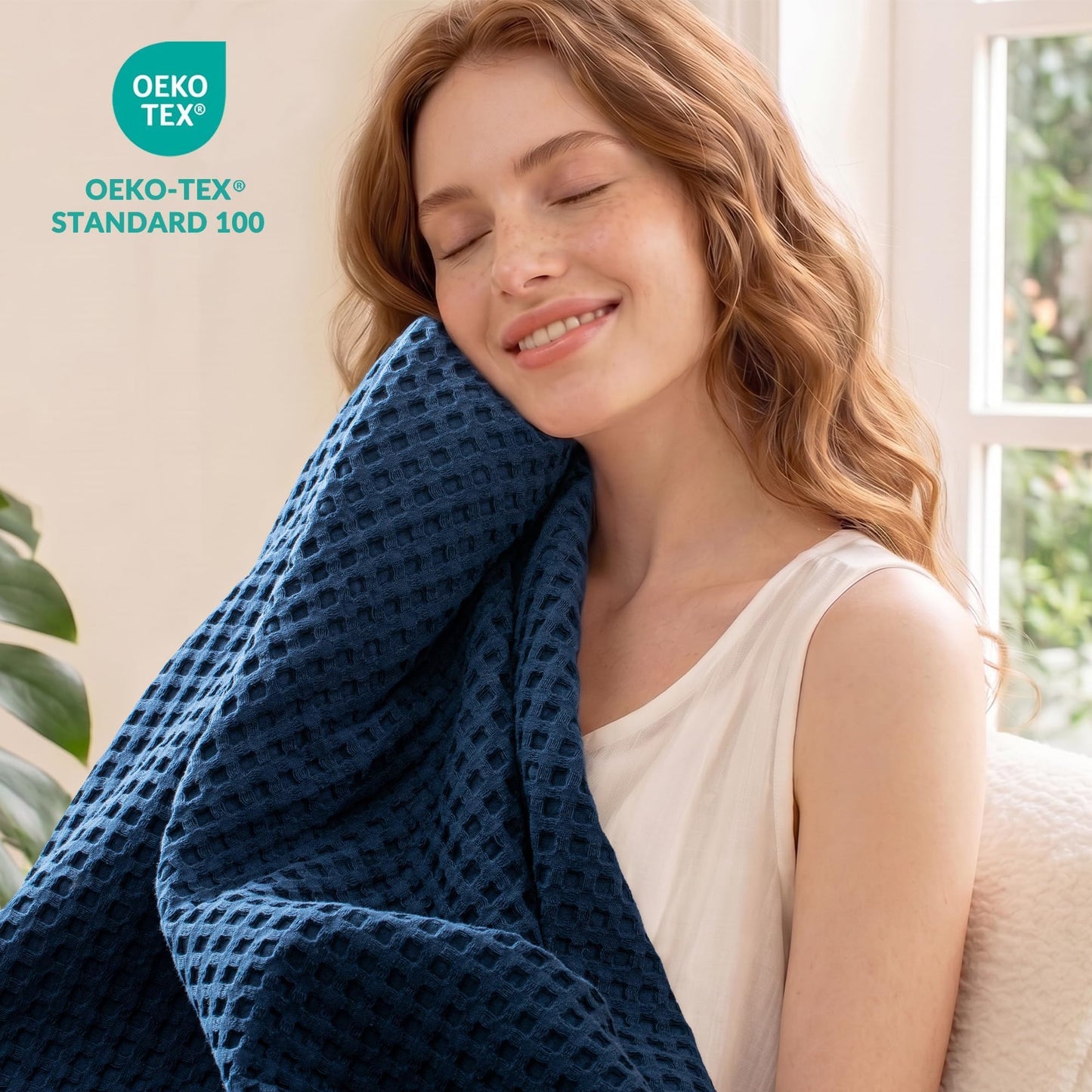 Exclusivo Mezcla 100% Cotton Full Size Blanket, Lightweight Gauze Blankets for Sofa(90"x80", Navy Blue)