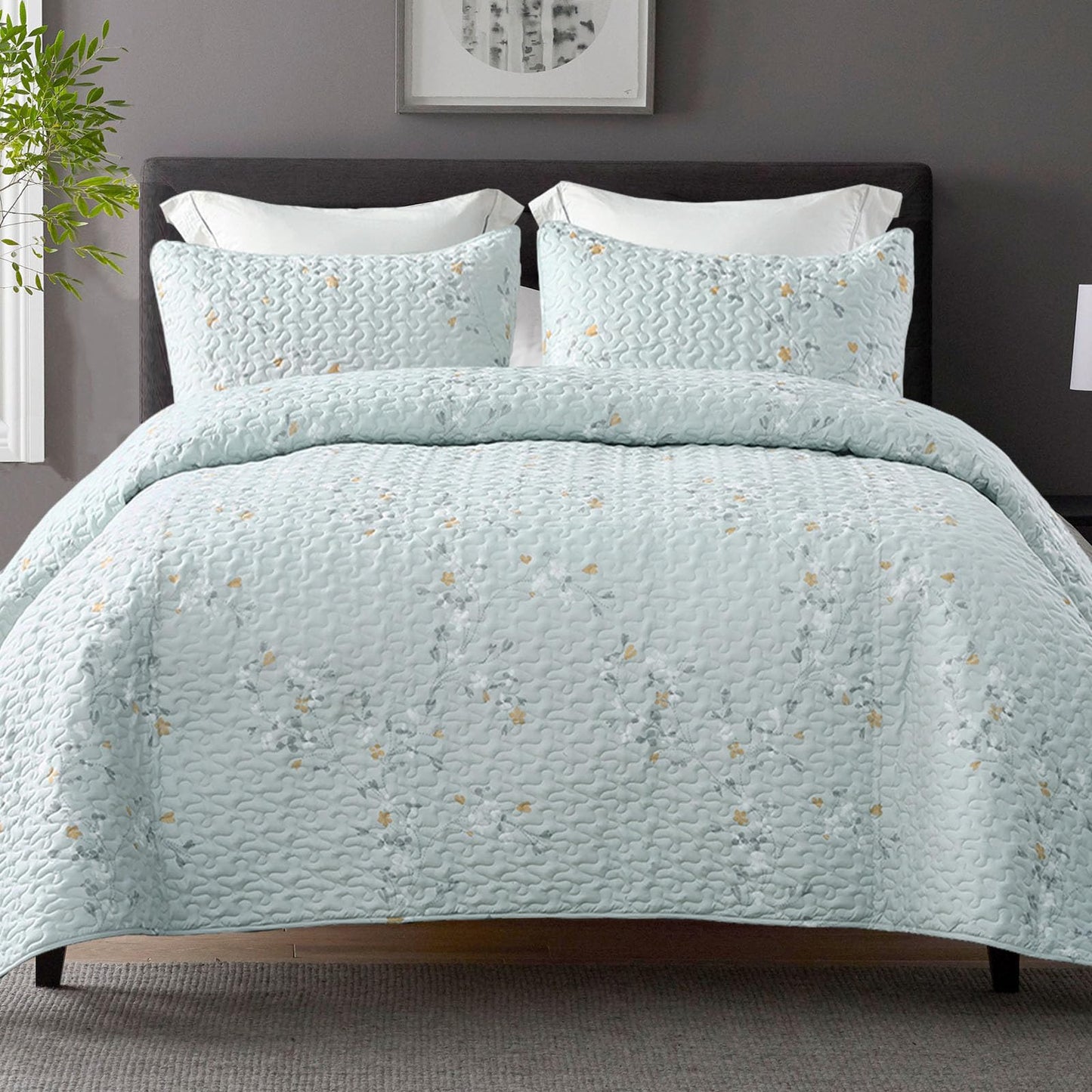 Exclusivo Mezcla Reversible Boho California King Quilt, Aqua Soft Bedspreads Lightweight Coverlet All Season Flowers Quilts Bedding Set with Printed Floral Pattern (1 Quilt, 2 Pillow Shams)