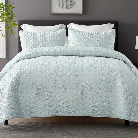 Exclusivo Mezcla Reversible Boho California King Quilt, Aqua Soft Bedspreads Lightweight Coverlet All Season Flowers Quilts Bedding Set with Printed Floral Pattern (1 Quilt, 2 Pillow Shams)