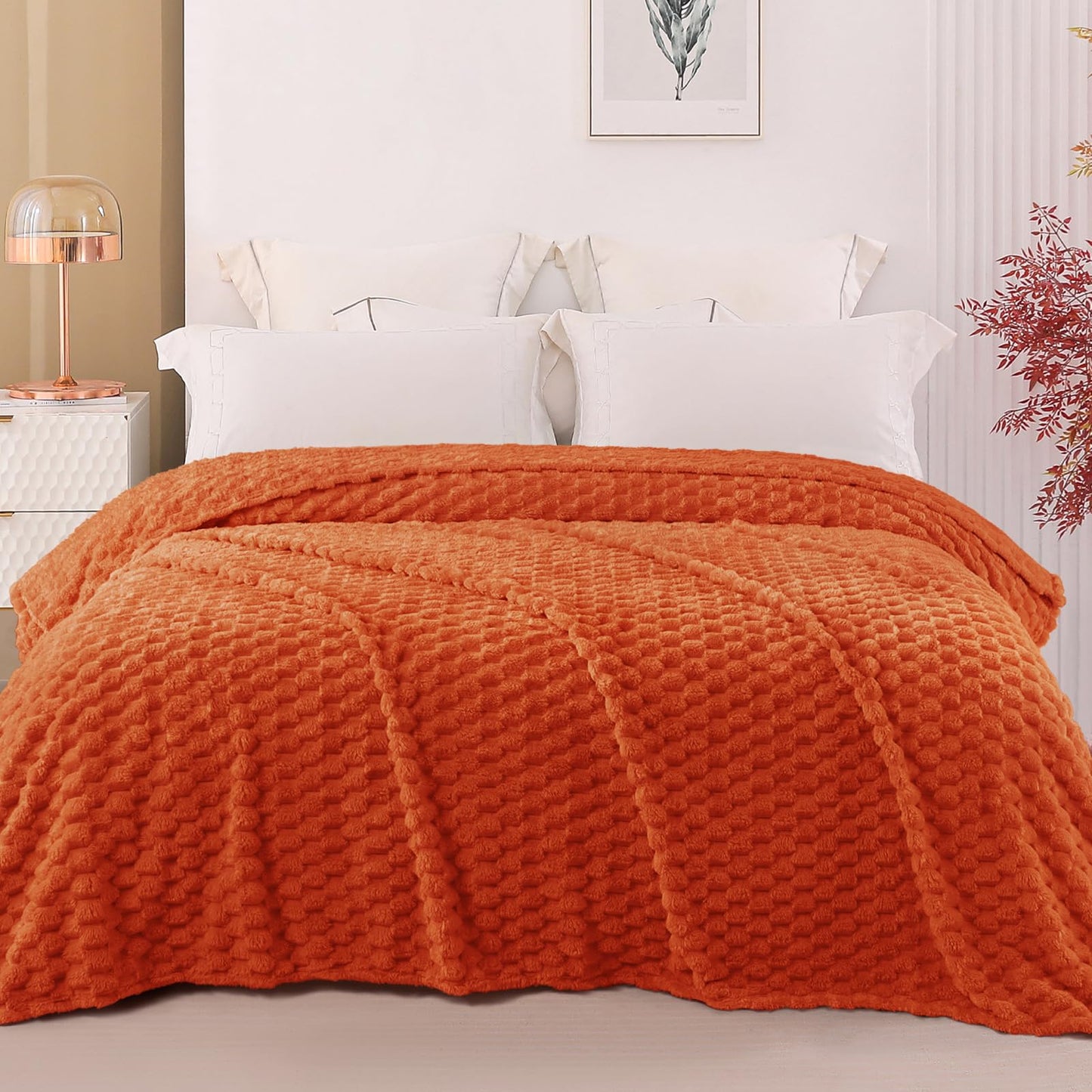 Exclusivo Mezcla Fleece California King Blanket for Bed, Oversized Fuzzy Burnt Orange Bed Blankets, Soft Cozy Plush Sofa Throws for All Seasons, 120x120 Inches