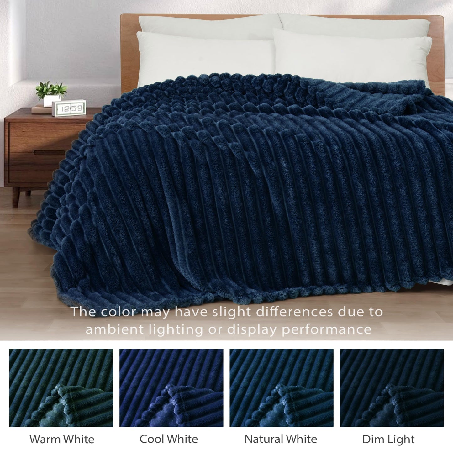 Exclusivo Mezcla California King Size Flannel Fleece Blanket, Super Soft Striped Jacquard Bed Oversized Blanket, Lightweight Fuzzy Cozy for All Seasons, 120x120 Inches, Navy Blue