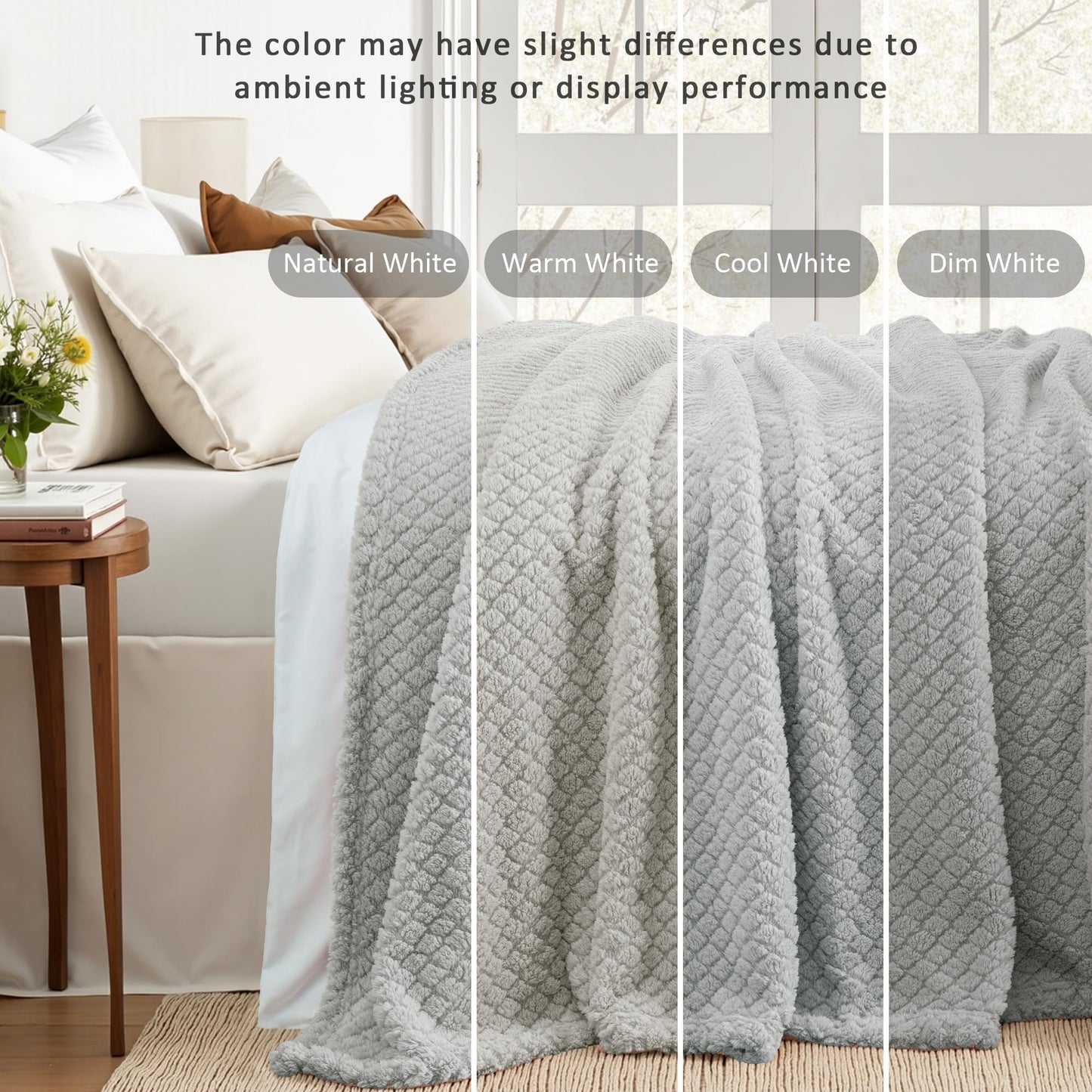 Exclusivo Mezcla Fleece Throw Blanket for Couch, Super Soft Jacquard Bed Blanket, Lightweight Fuzzy Warm for All Seasons, 50x60 Inches, Light Grey