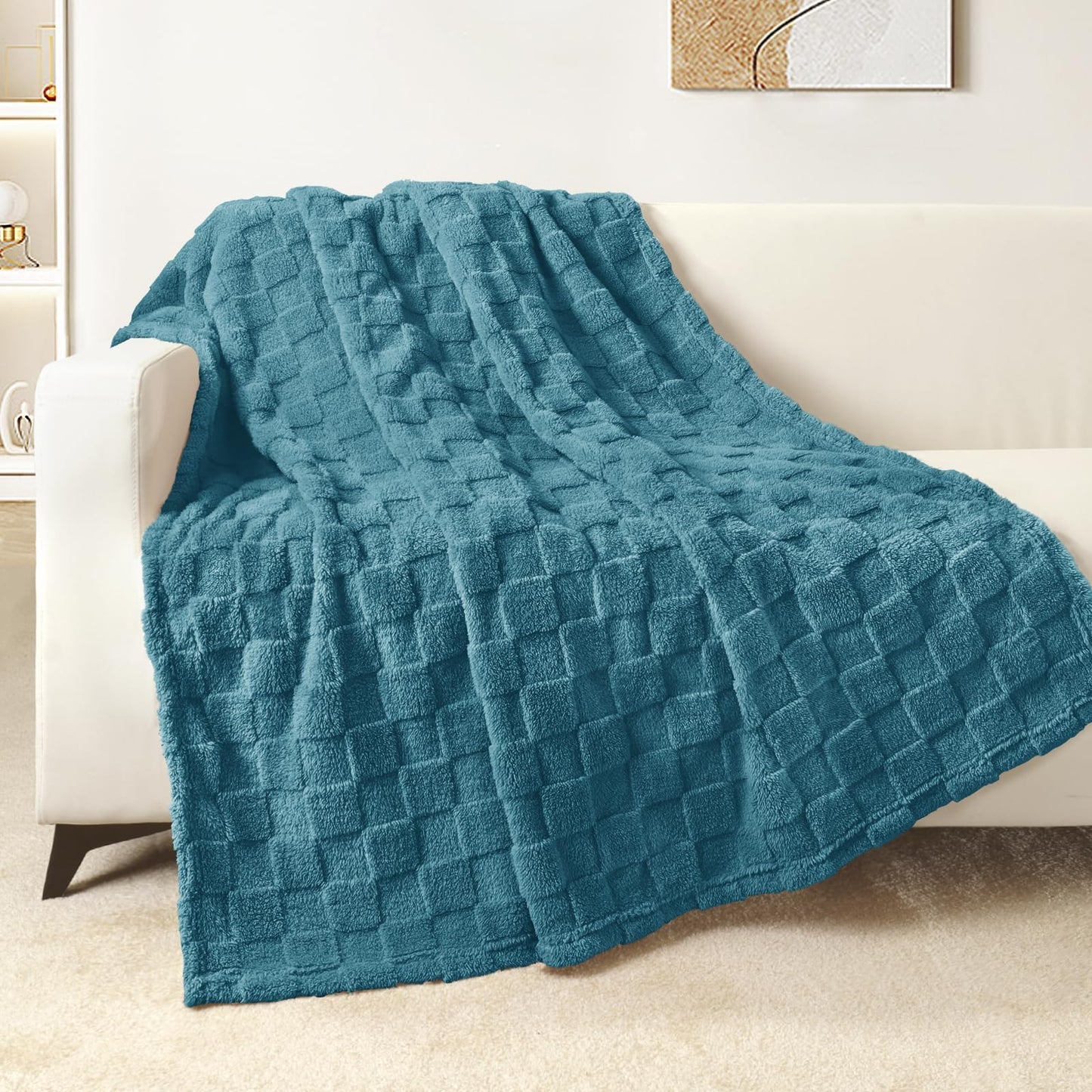Exclusivo Mezcla Fleece Throw Blanket for Couch, Super Soft Warm Lightweight Checkered Pattern Blanket for All Seasons, Slate Blue, 50"x60"