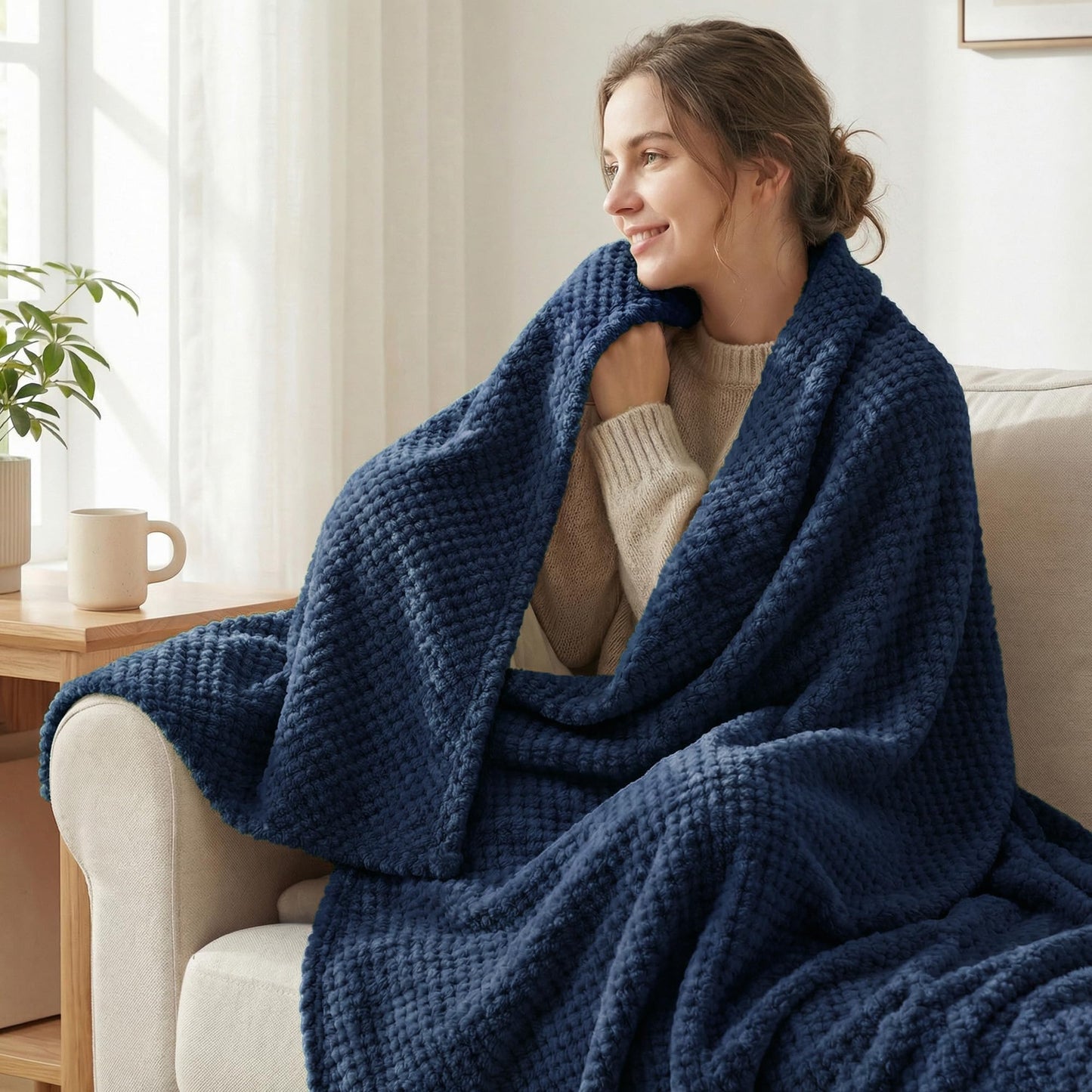 Exclusivo Mezcla Fleece Bed Blanket Twin Size, Super Soft and Warm Blankets for Couch, Sofa and Bed Waffle Textured, Cozy, Fuzzy and Lightweight (Navy Blue, 60x80 inches)