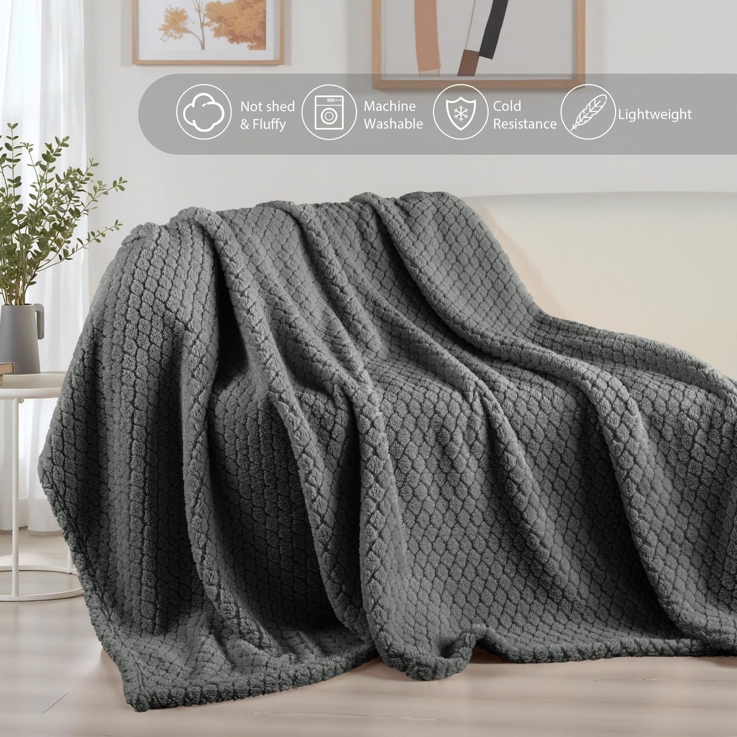 Exclusivo Mezcla Fleece Throw Blanket for Couch, Super Soft Jacquard Bed Blanket, Lightweight Fuzzy Warm for All Seasons, 50x60 Inches, Dark Grey