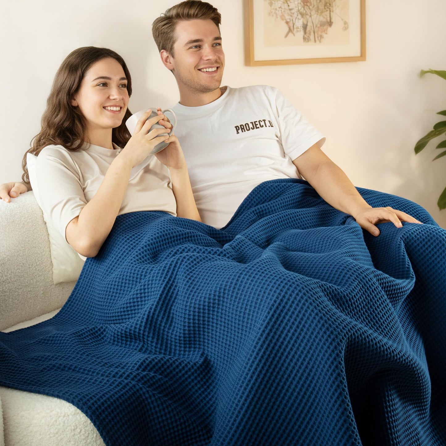 Exclusivo Mezcla 100% Cotton Waffle Weave Blanket Queen Size, Soft, Lightweight and Breathable Muslin Gauze Blanket for Bed, All Season, 90"x90", Navy Blue