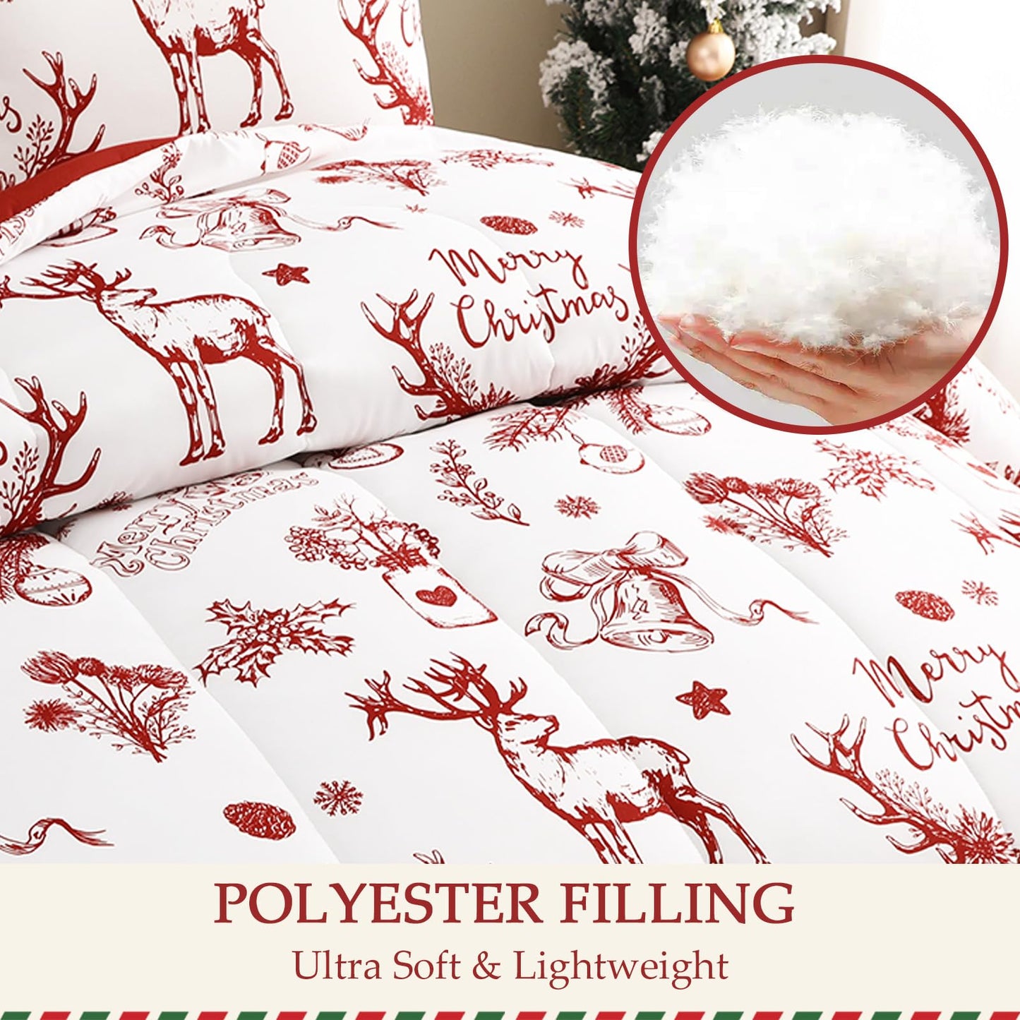 Exclusivo Mezcla Christmas Twin Size Comforter Set, 2 Pieces Reversible White and Rust Red Down Alternative Comforter Sets, Printed Christmas Reindeer Wreaths Pattern