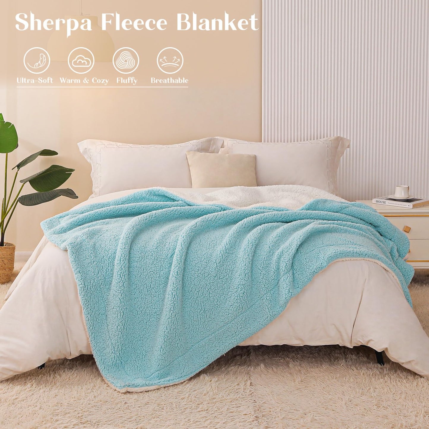Exclusivo Mezcla Reversible Sherpa Throw Blanket for Couch, Thick and Warm Fleece Blankets for Winter, Soft Plush Fluffy, 50x60 Inches, Blue/ White