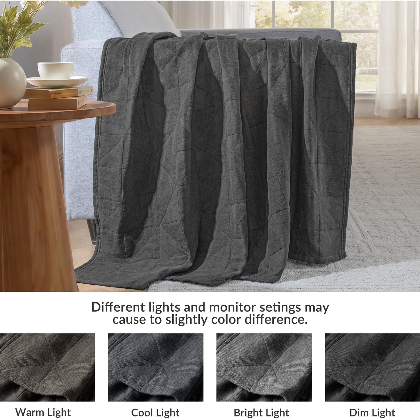 Exclusivo Mezcla 100% Cotton 4 Layers Muslin Throw Blanket for Couch, Moisture-wicking and Breathable Gauze Blanket with Geometric Pattern for Year Round Comfort, 50"x60", Dark Grey