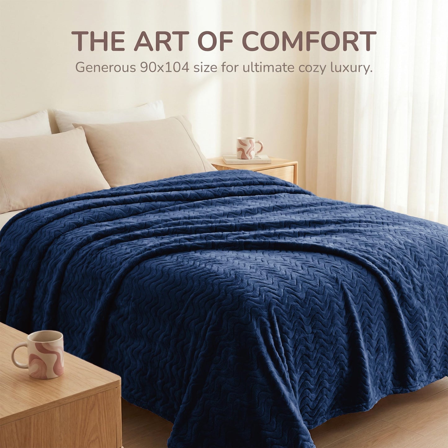 Exclusivo Mezcla Twin Size Jacquard Weave Wave Pattern Flannel Fleece Velvet Plush Bed Blanket as Bedspread/Coverlet/Bed Cover(90" x 66",Navy Blue) - Soft, Lightweight, Warm and Cozy