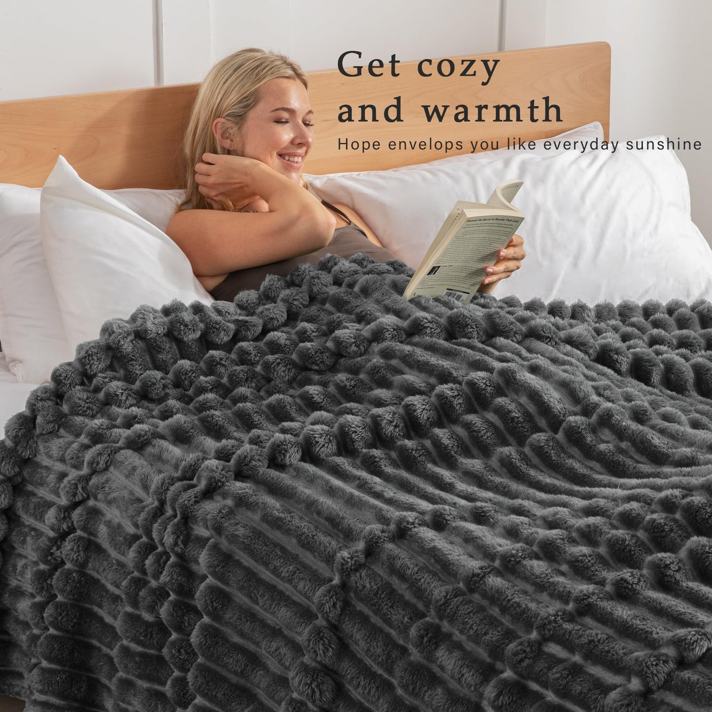 Exclusivo Mezcla California King Size Flannel Fleece Blanket, Super Soft Striped Jacquard Bed Oversized Blanket, Lightweight Fuzzy Cozy for All Seasons, 120x120 Inches, Grey