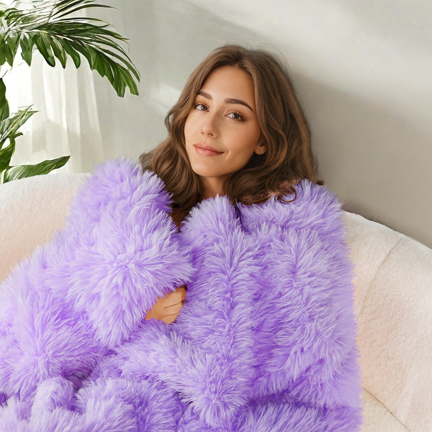 Exclusivo Mezcla Fuzzy Faux Fur Bed Blanket King Size, Reversible Shaggy Sherpa Fleece Blankets,Fluffy Plush Warm Throws for Couch, Bed, 90X104 Inches, Light Purple