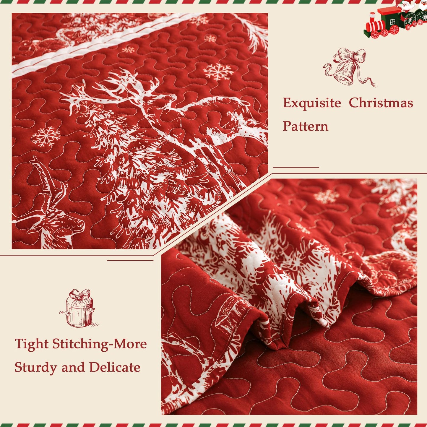 Exclusivo Mezcla Reversible Christmas Quilts Twin Size, Red Bedspread Lightweight Coverlet Winter Quilt Bedding Set with Printed Striped Trees Snowflakes Pattern (1 Quilt, 1 Pillow Sham)