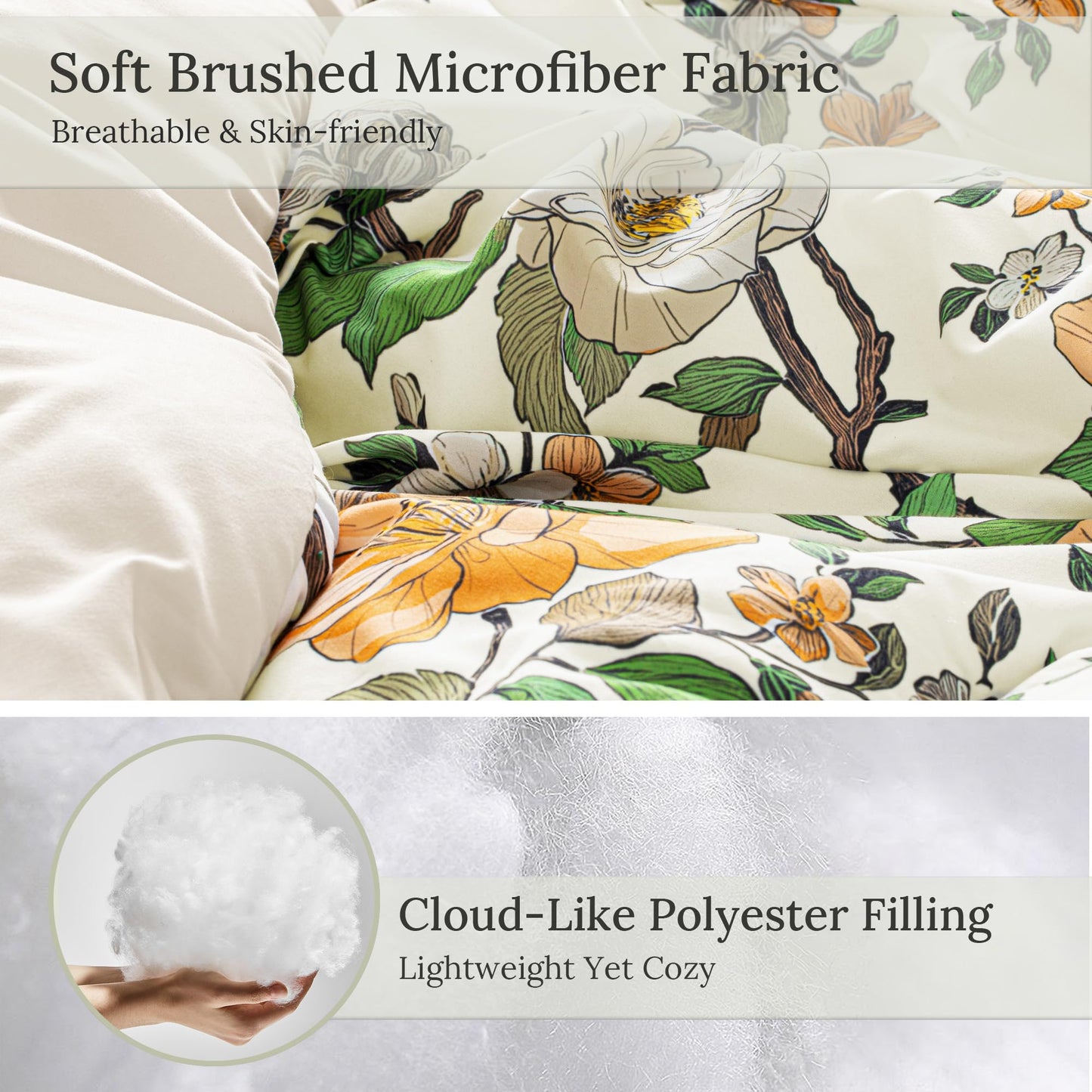 Exclusivo Mezcla Floral California King Comforter Set, 3 Pieces Lightweight Reversible Soft Bedding Comforters for All Seasons, Yellow Botanical Flowers Pattern