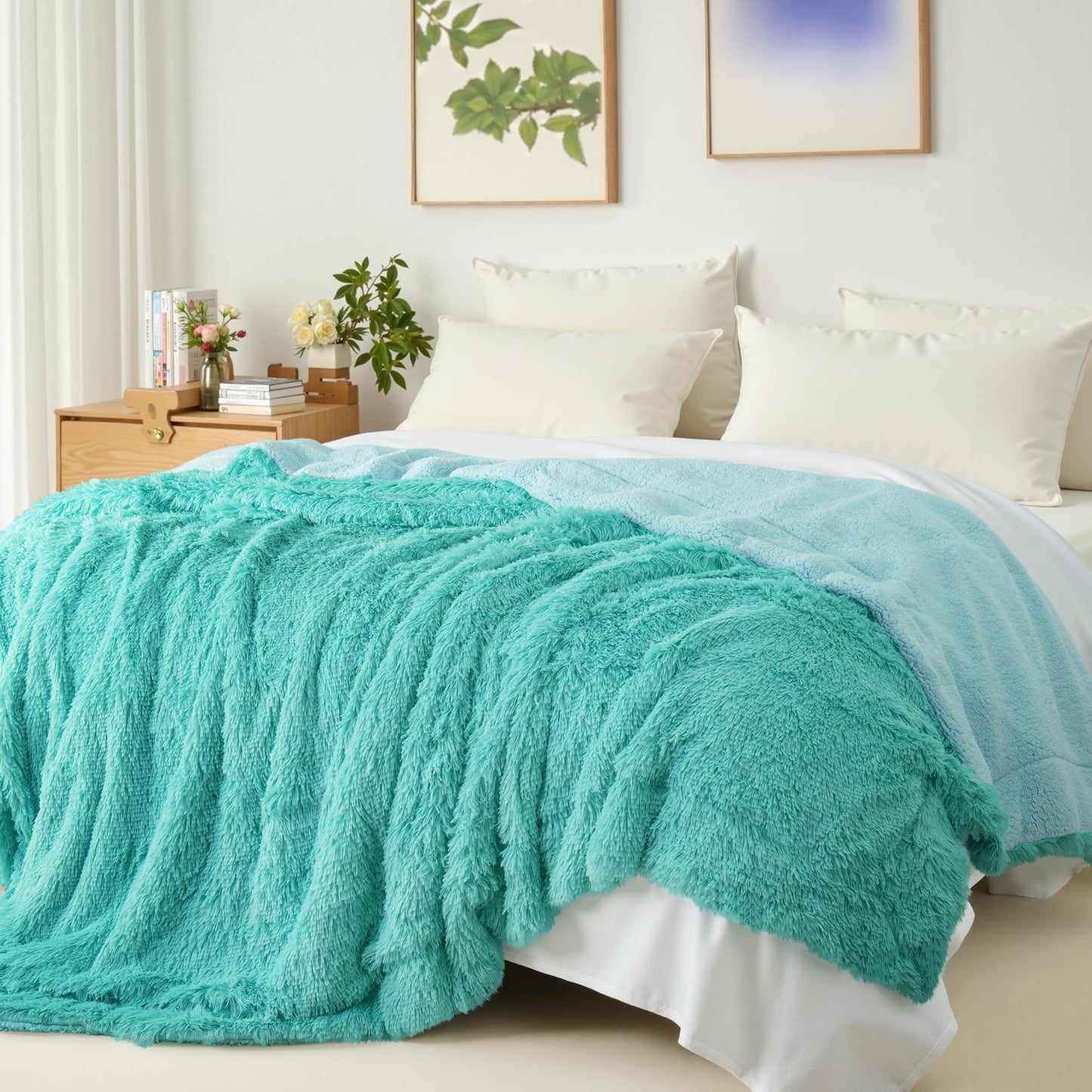 Exclusivo Mezcla Fuzzy Faux Fur Bed Blanket Twin Size, Reversible Shaggy Sherpa Fleece Blankets,Fluffy Plush Warm Throws for Couch, Bed, 60X80 Inches, Teal