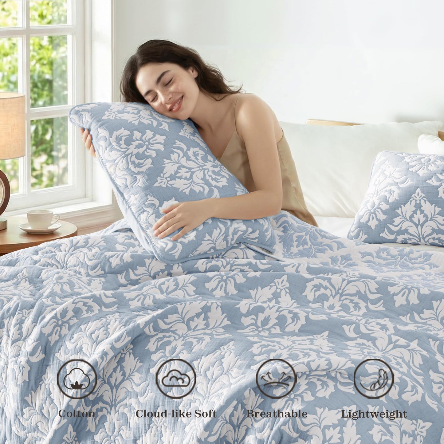 Exclusivo Mezcla Cotton Muslin Quilts Twin Size Blue, Soft Breathable Bedspread Lightweight Prewashed Bed Coverlet With 1 Pillow Sham, Boho Pattern Yarn Dyed Quilt Bedding Set for All Seasons