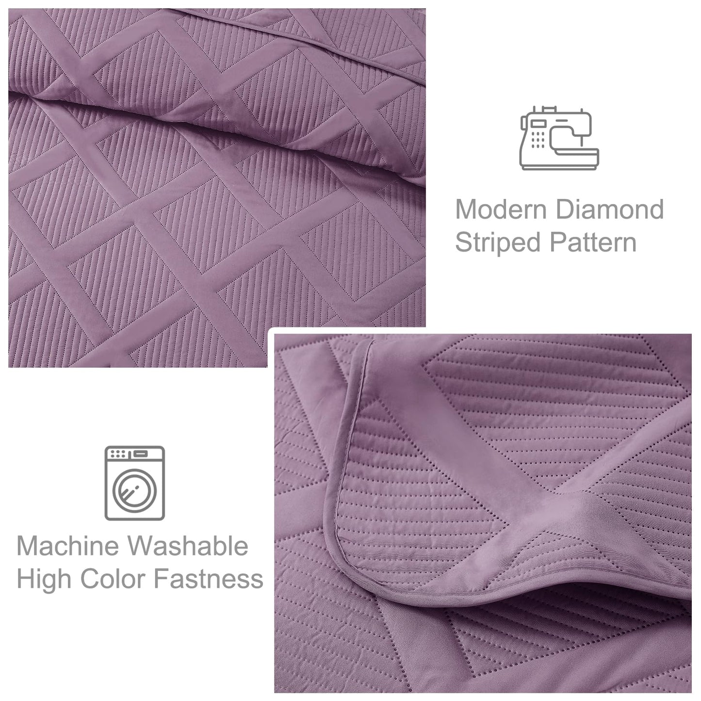 Exclusivo Mezcla Quilt Set Oversized King Size, 3 Pieces Dusty Lavender Cal King Quilt Bedding Set, Lightweight Quilts Soft Bedspreads Modern Striped Coverlets for All Seasons