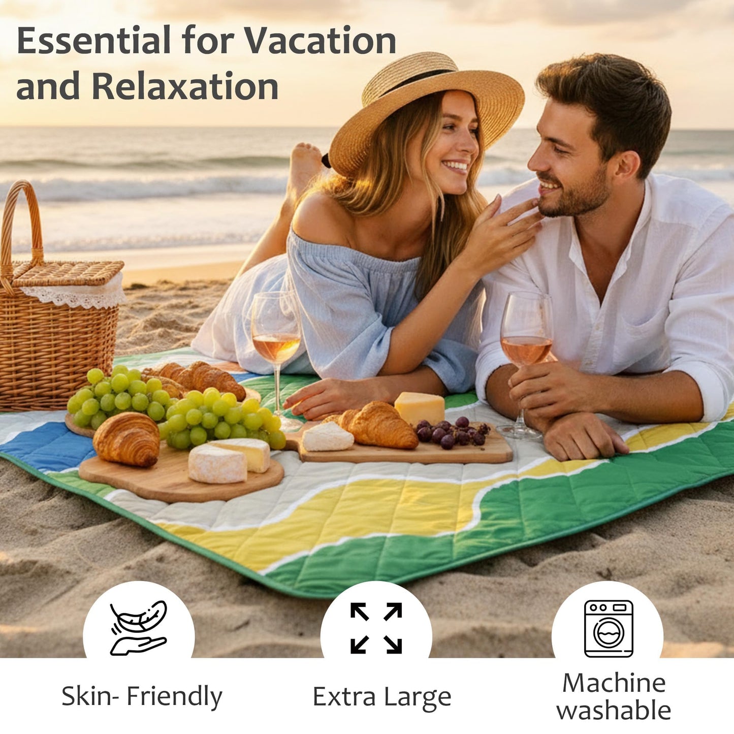Exclusivo Mezcla Waterproof Picnic Blankets 3-Layer 80"x 80" Large Sandproof Beach Blanket Foldable Outdoor Blanket for Camping on Grass Picnic Mat, Waved Green