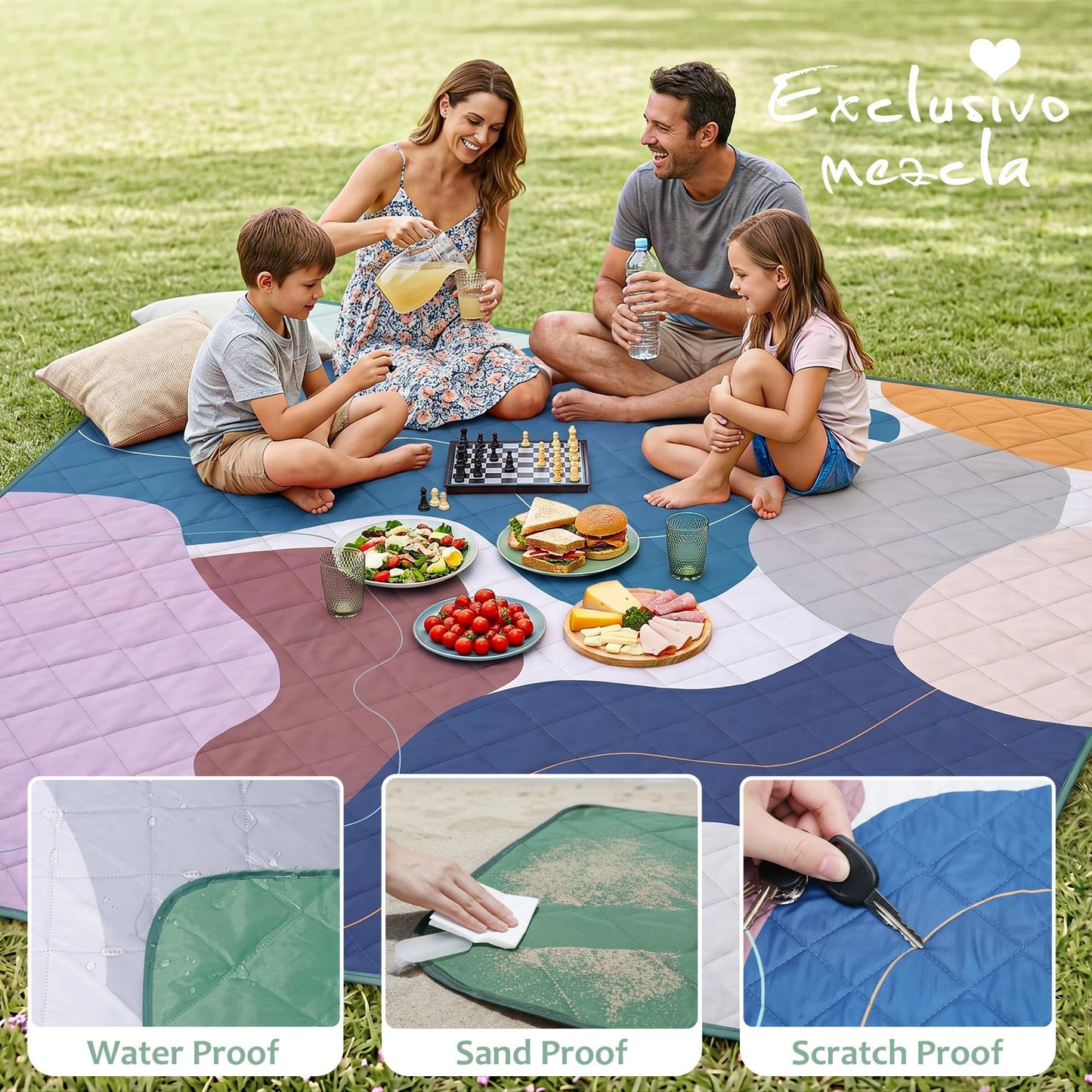Exclusivo Mezcla Waterproof Picnic Blankets 3-Layer 80"x 80" Large Sandproof Beach Blanket Foldable Outdoor Blanket for Camping on Grass Picnic Mat, Abstract Blue