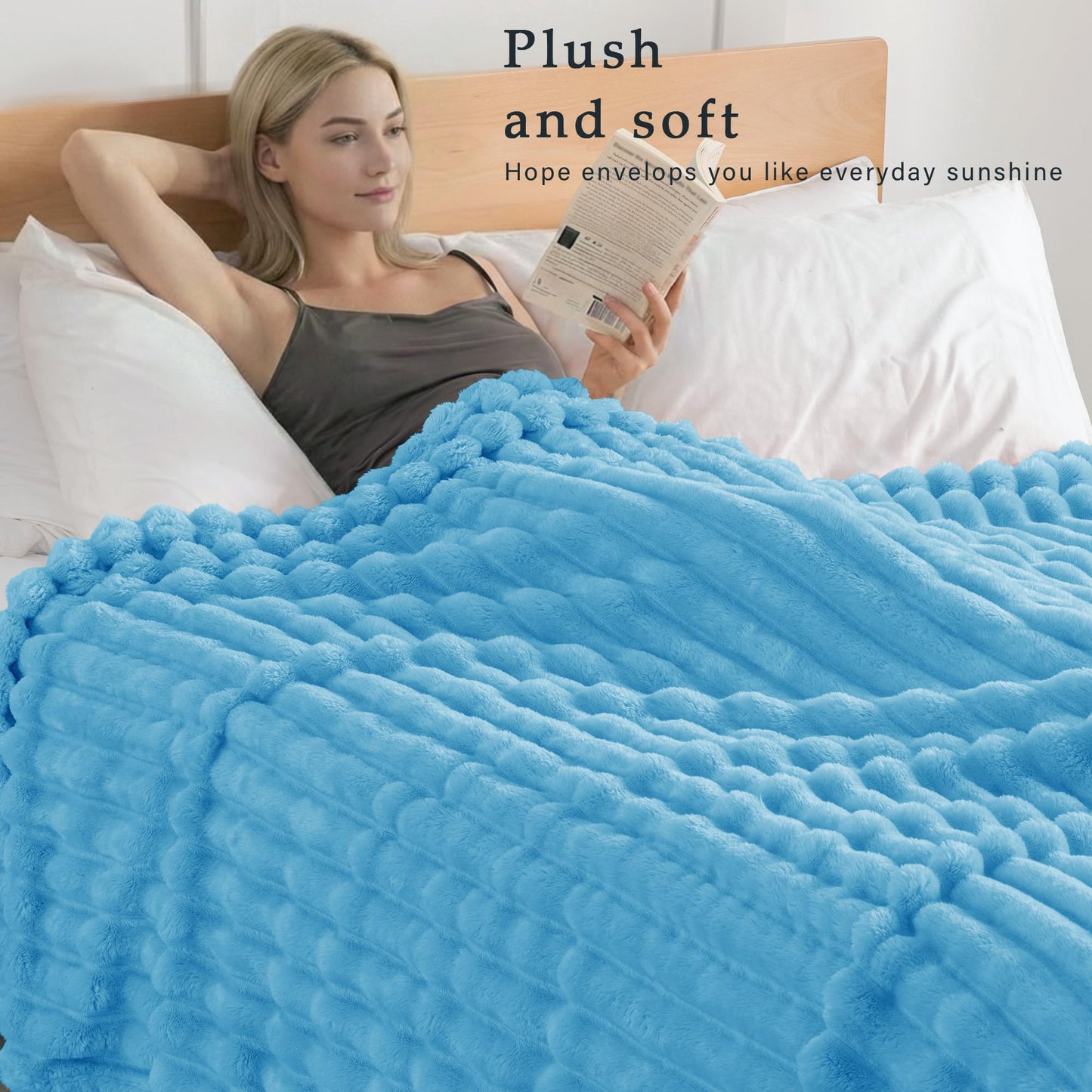 Exclusivo Mezcla Queen Size Flannel Fleece Blanket, Super Soft 3D Striped Jacquard Blanket for Bed, Lightweight Fuzzy Cozy Blankets, Blue, 90"x90"