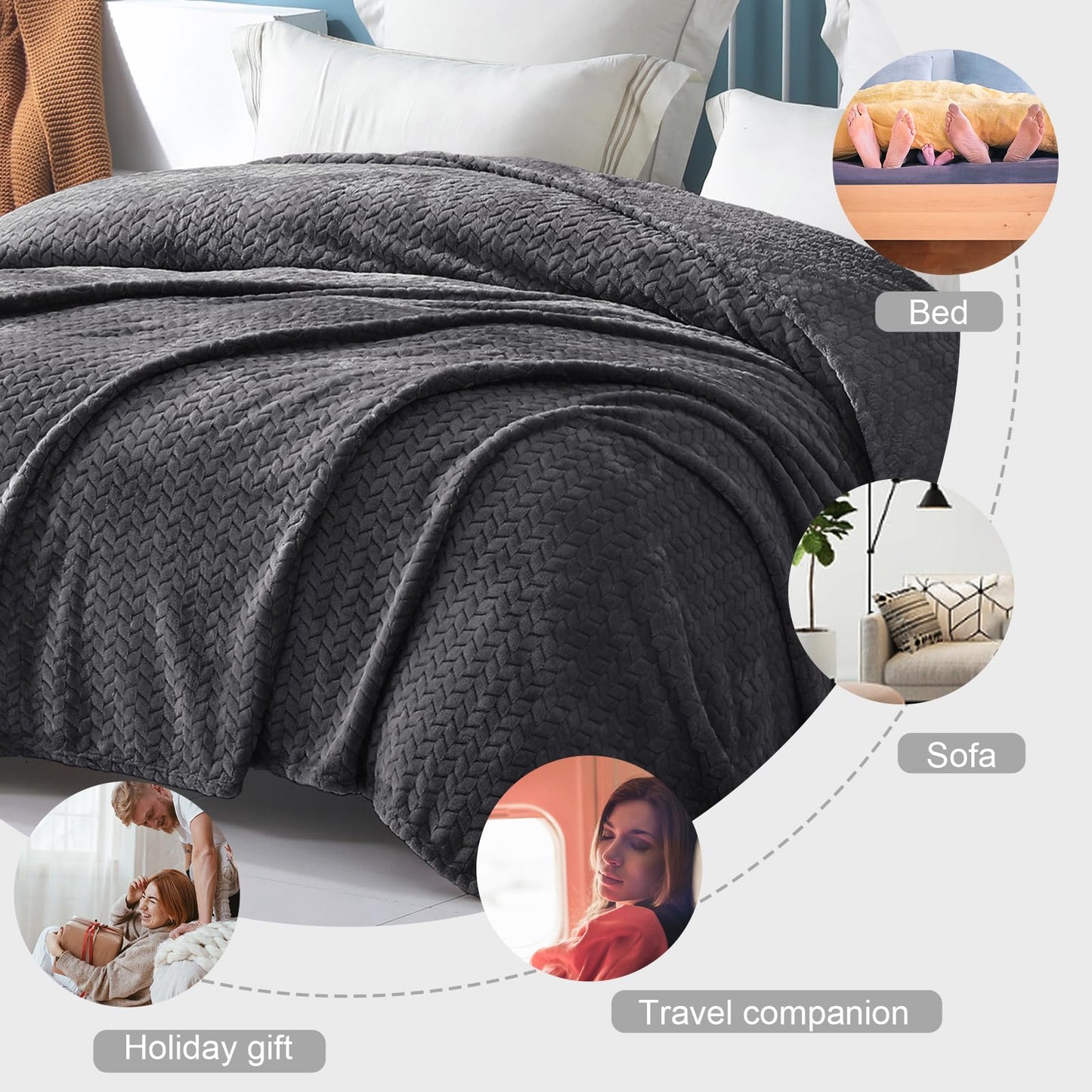 Exclusivo Mezcla Fleece Twin Size Blanket for Bed, 60x80 Inches Soft Cozy Jacquard Flannel Blankets, Lightweight Fuzzy Plush Warm for Women, Dark Grey