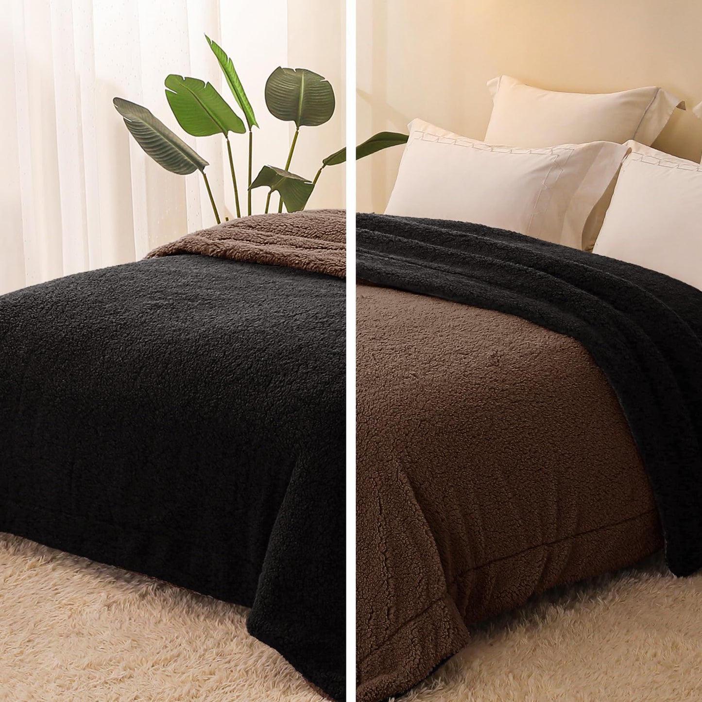 Exclusivo Mezcla Reversible Queen Size Sherpa Blanket, Thick and Warm Fleece Blankets for Winter, Soft Plush Fluffy for Bed, 90x90 Inches, Black/ Coffee